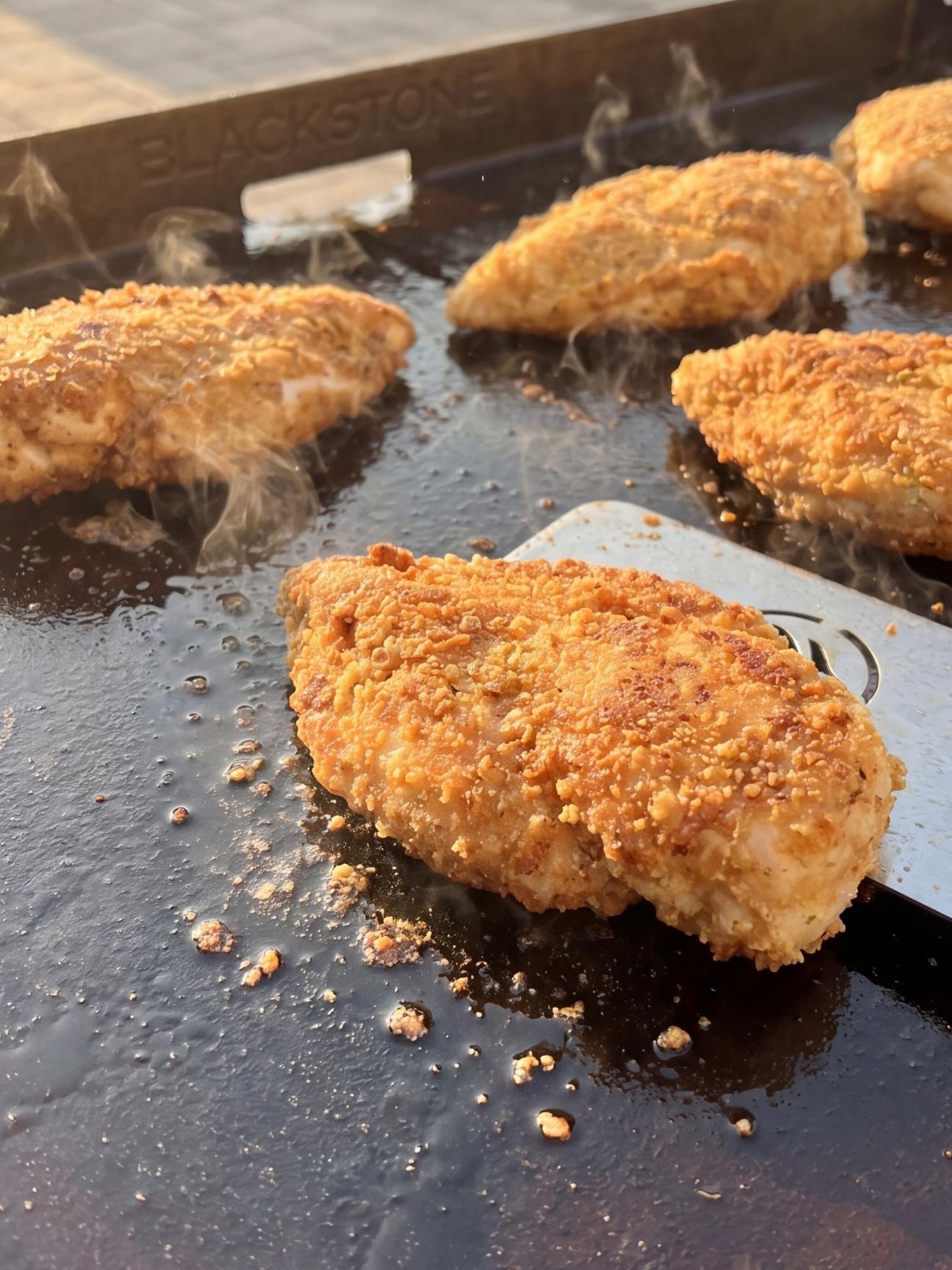 Breaded chicken breasts searing on a flat top griddle until golden brown and crispy.