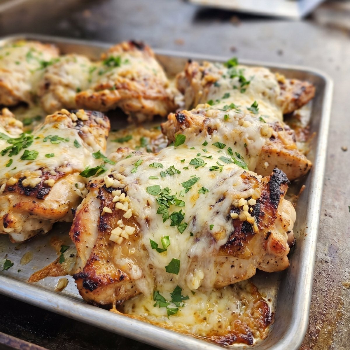 Close-up of crispy griddle-cooked chicken parmesan topped with melted mozzarella, marinara sauce, and fresh parsley on a baking sheet.