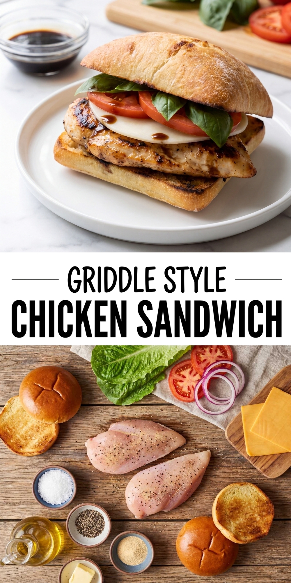 Pinterest graphic for "Griddle Style Chicken Sandwich" showing the finished meal and raw ingredients on a wooden background.