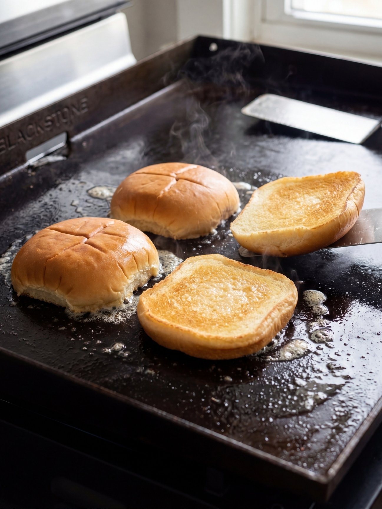 Halved sandwich buns being toasted cut-side down on a buttery Blackstone griddle until golden brown.
