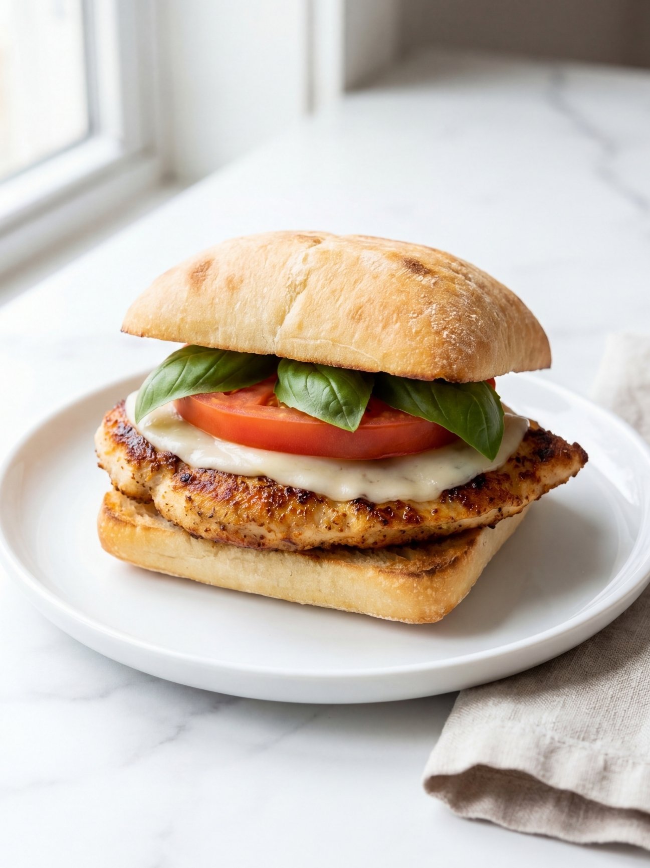 Assembled griddle chicken sandwich on a white plate with melted cheese, fresh tomato, and basil leaves.