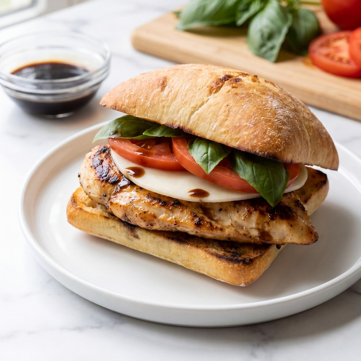 A juicy Blackstone chicken sandwich on a ciabatta bun with melted cheese, tomato, basil, and a balsamic glaze.