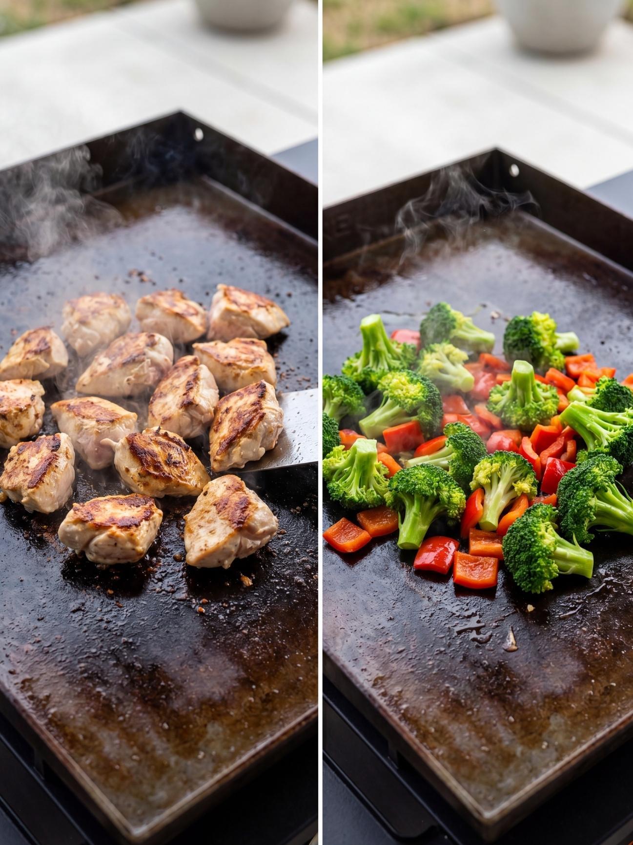 Split view of browned chicken pieces being flipped with a spatula and fresh broccoli and red peppers sautéing on a flat top griddle.