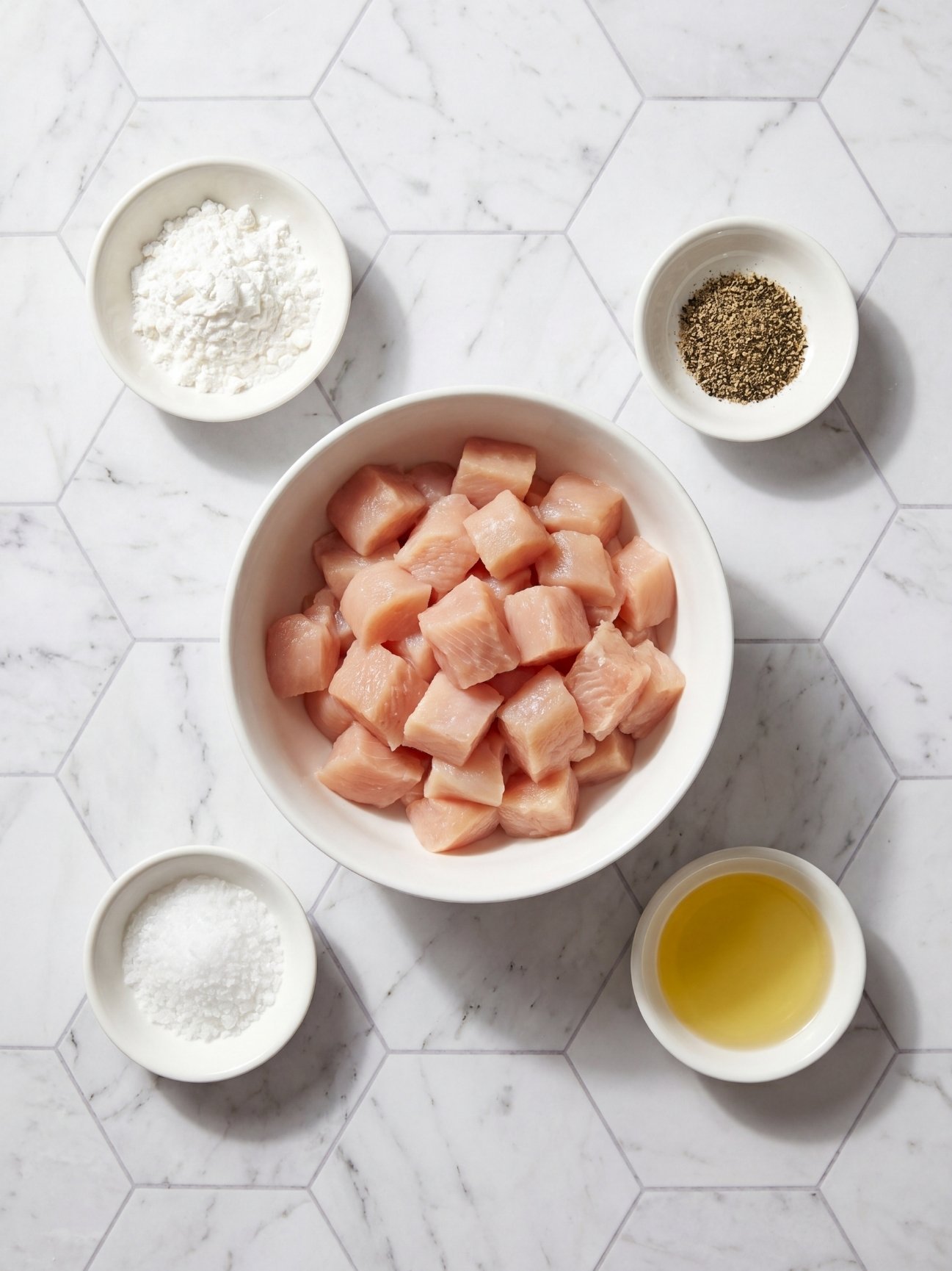 Top-down view of ingredients for griddle orange chicken including diced chicken breast, cornstarch, salt, pepper, and avocado oil.
