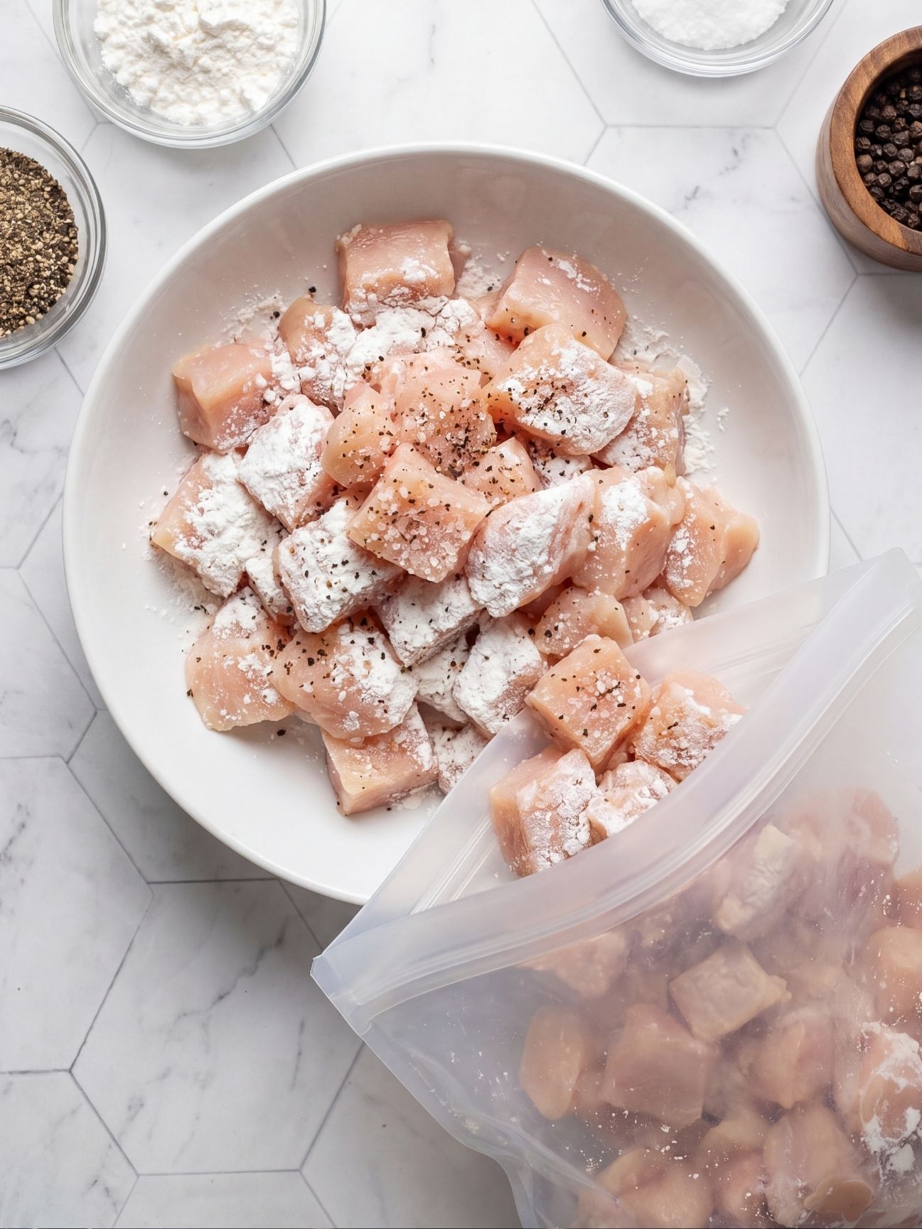 Diced chicken being tossed with cornstarch, salt, and pepper in a white bowl and a zip-top bag for easy coating.