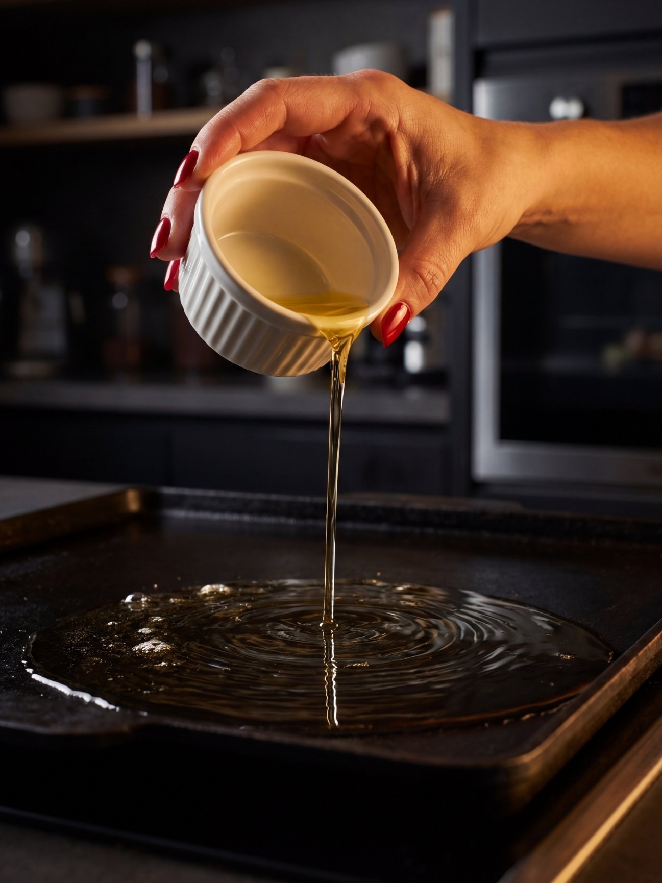 Pouring avocado oil onto a hot Blackstone griddle surface to prepare for cooking crispy chicken bites.