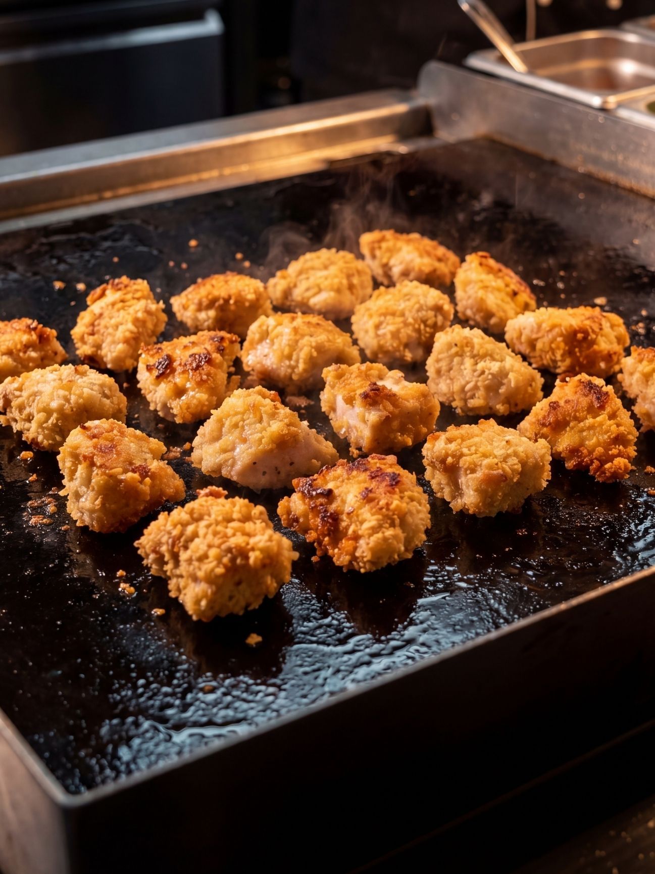 Cornstarch-coated chicken pieces searing on a Blackstone griddle until golden brown and crispy.