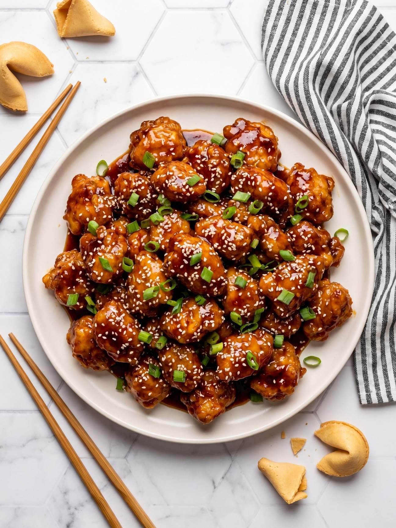 A finished plate of glossy orange chicken garnished with sesame seeds and green onions, served with chopsticks and fortune cookies.