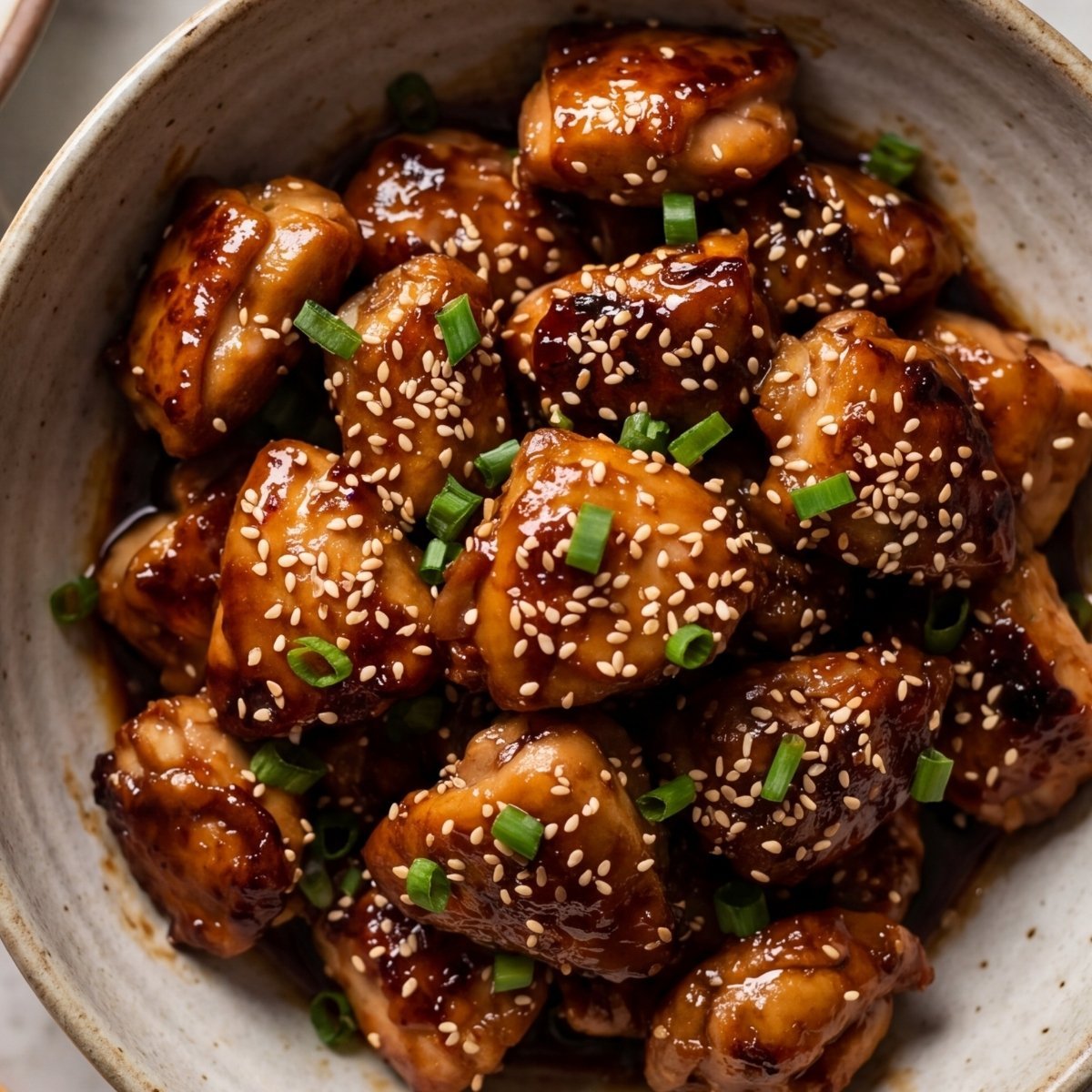 Close-up of crispy Blackstone orange chicken bites topped with sesame seeds and fresh green onions in a ceramic bowl.