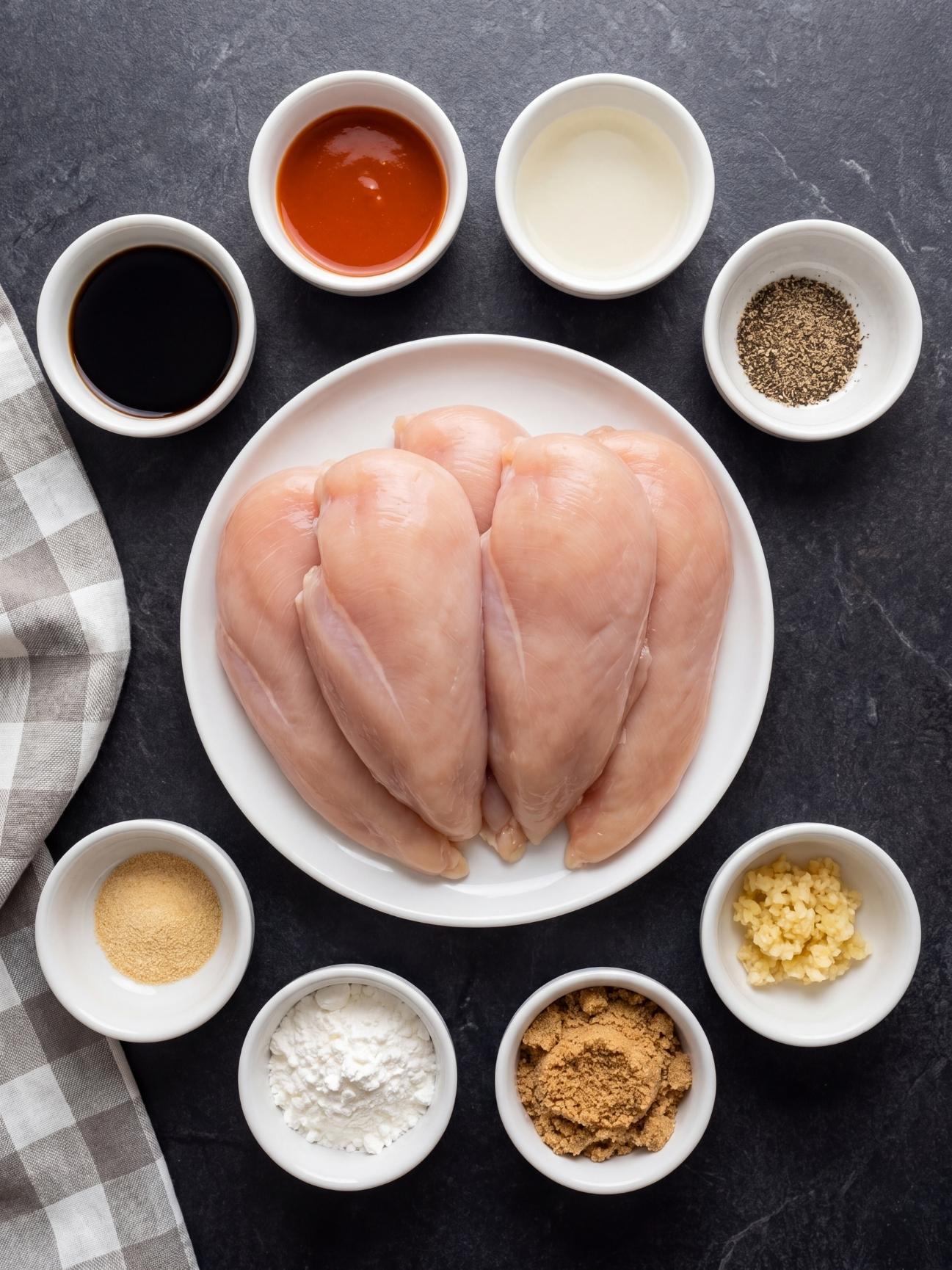 Raw chicken breasts on a white plate surrounded by bowls of soy sauce, honey, brown sugar, garlic, and spices.