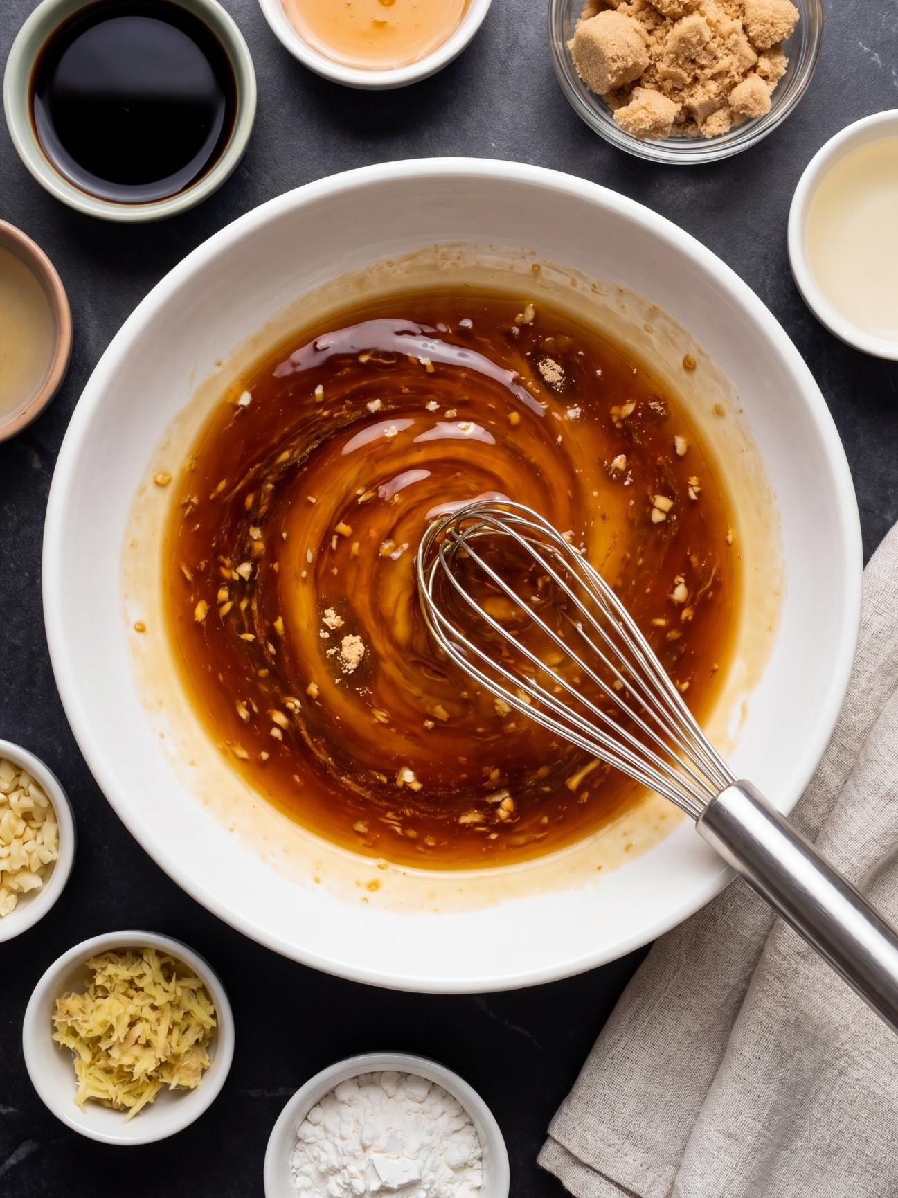 Whisking homemade teriyaki sauce in a white bowl surrounded by small containers of soy sauce, ginger, and garlic.