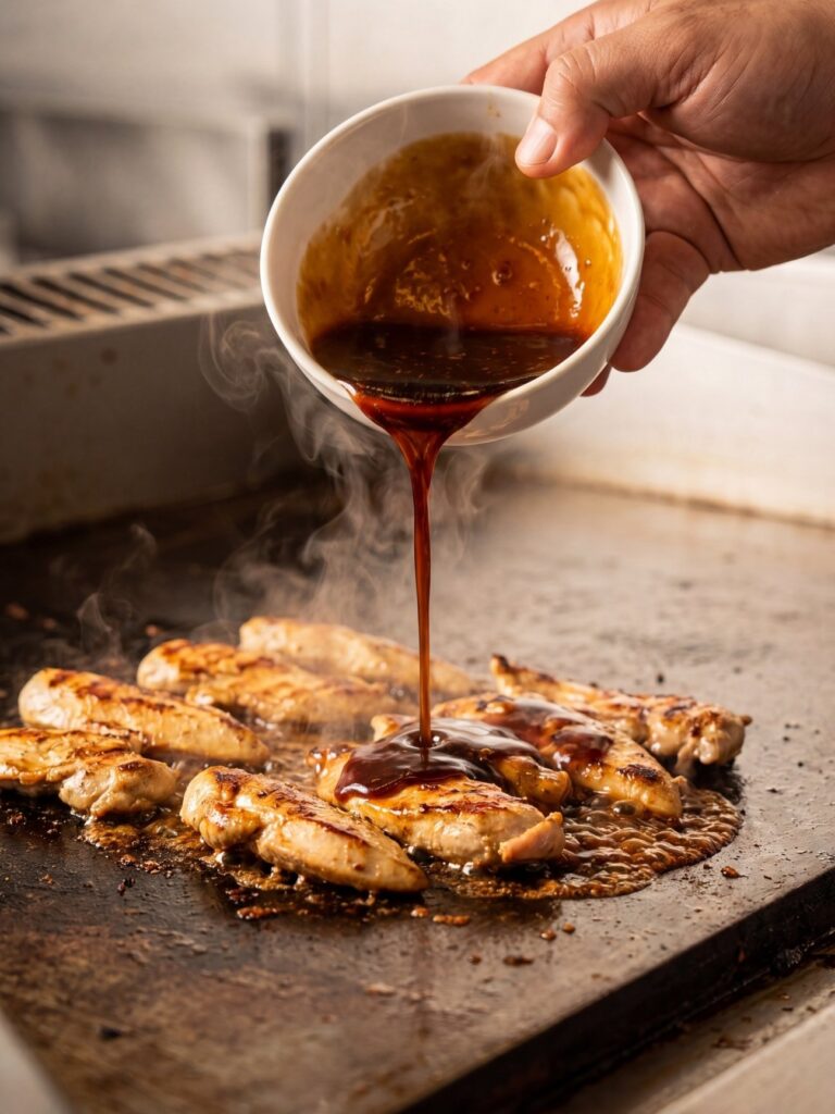 Pouring thick teriyaki sauce from a bowl onto chicken strips cooking on a flat top griddle.
