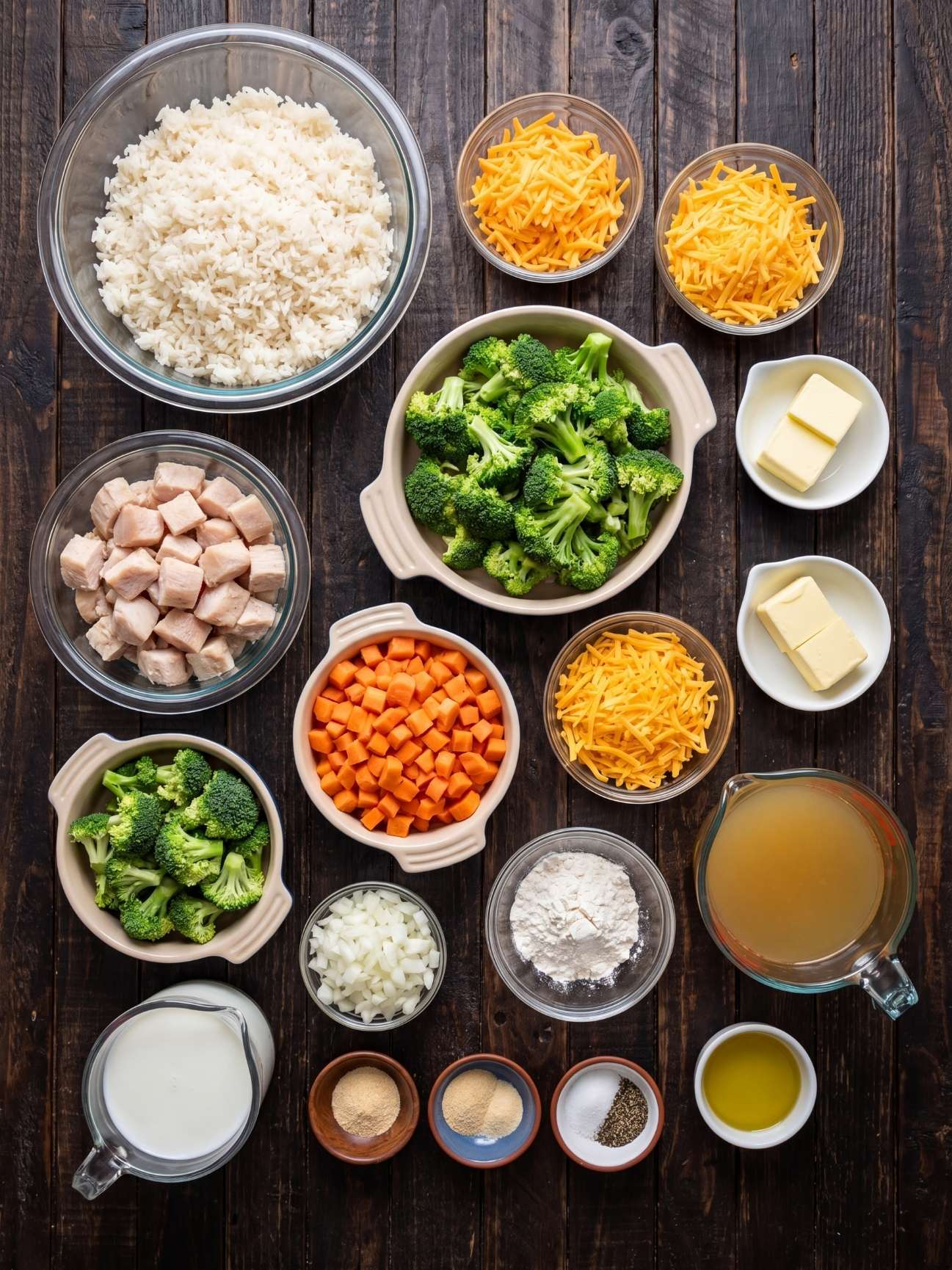 An overhead view of ingredients for a cheesy chicken and rice bake with vegetables arranged on a dark wooden table, including bowls of rice, chicken, broccoli florets, diced carrots, and shredded cheese.
