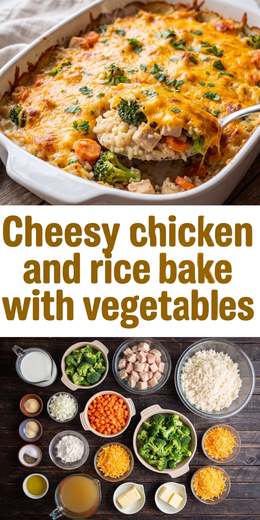 A Pinterest graphic featuring a hot scoop of cheesy chicken and rice bake with vegetables at the top and the raw ingredients organized in bowls below.