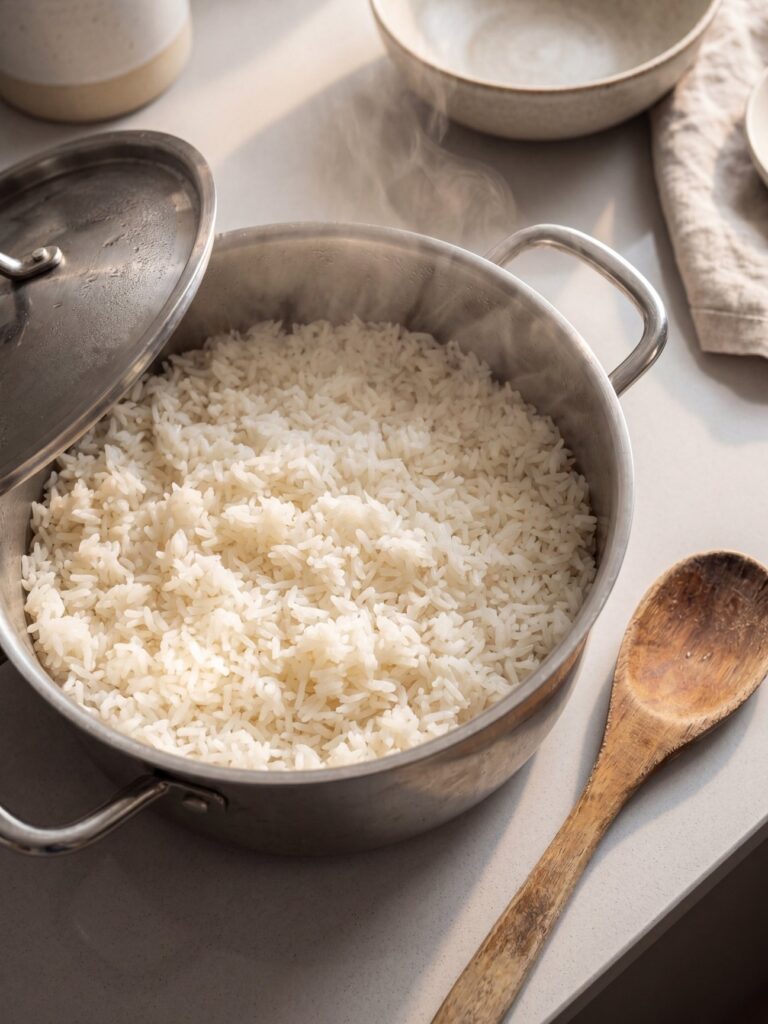 Freshly cooked long grain white rice steaming inside a stainless steel pot on a kitchen counter with a wooden spoon nearby.
