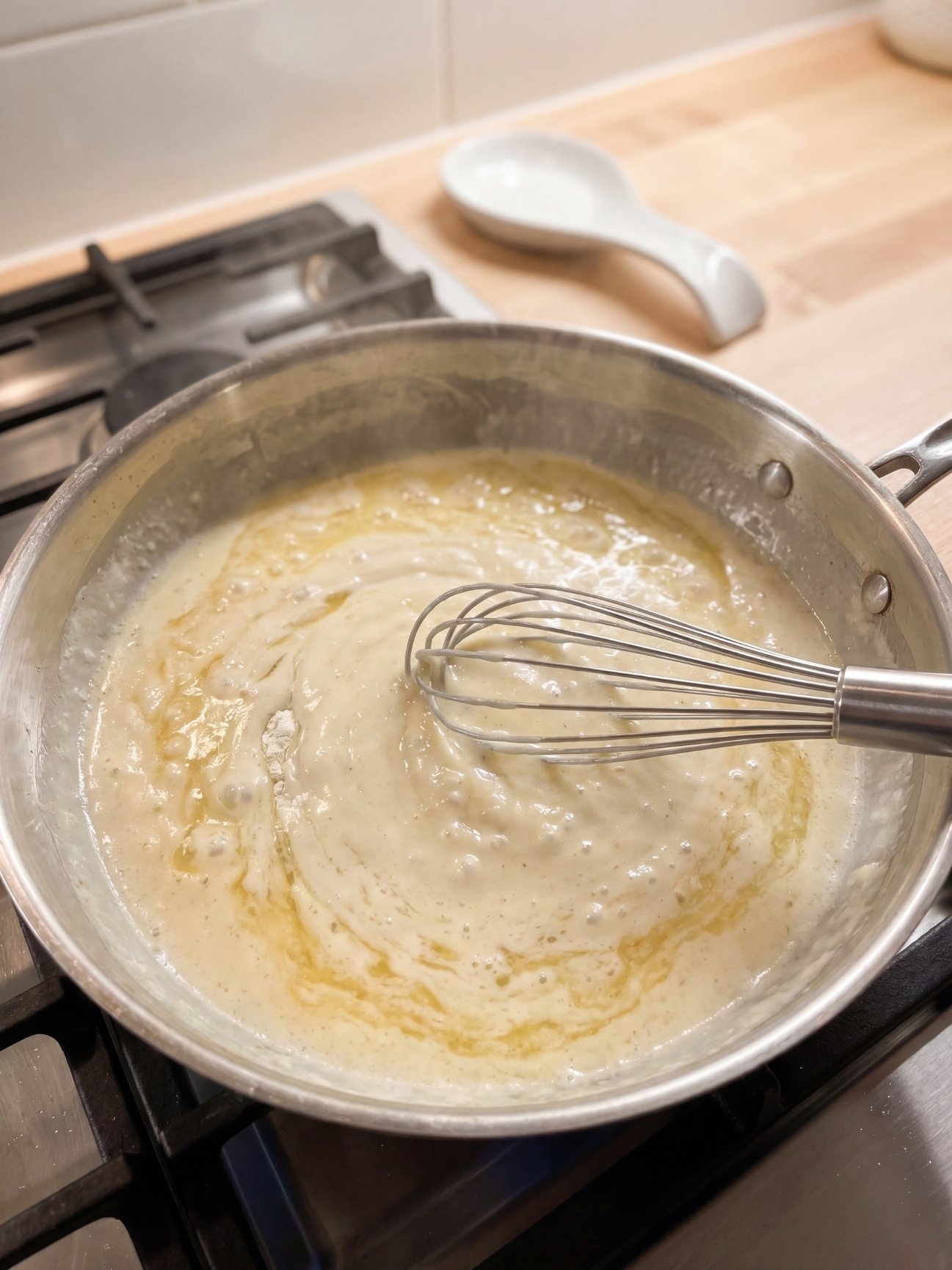 A metal whisk stirring a smooth, bubbling white sauce inside a stainless steel pan on the stove.