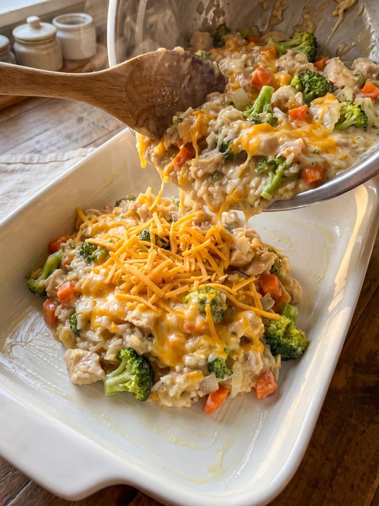Creamy rice, chicken, broccoli, and melted cheddar cheese mixture being poured from a bowl into a white ceramic baking dish.