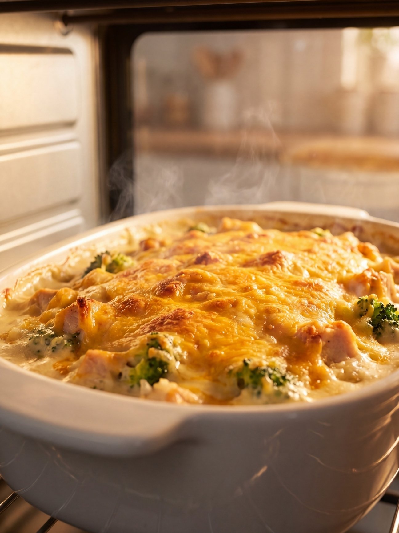 A white casserole dish containing a cheesy chicken and rice bake with vegetables cooking inside a warm, glowing oven.