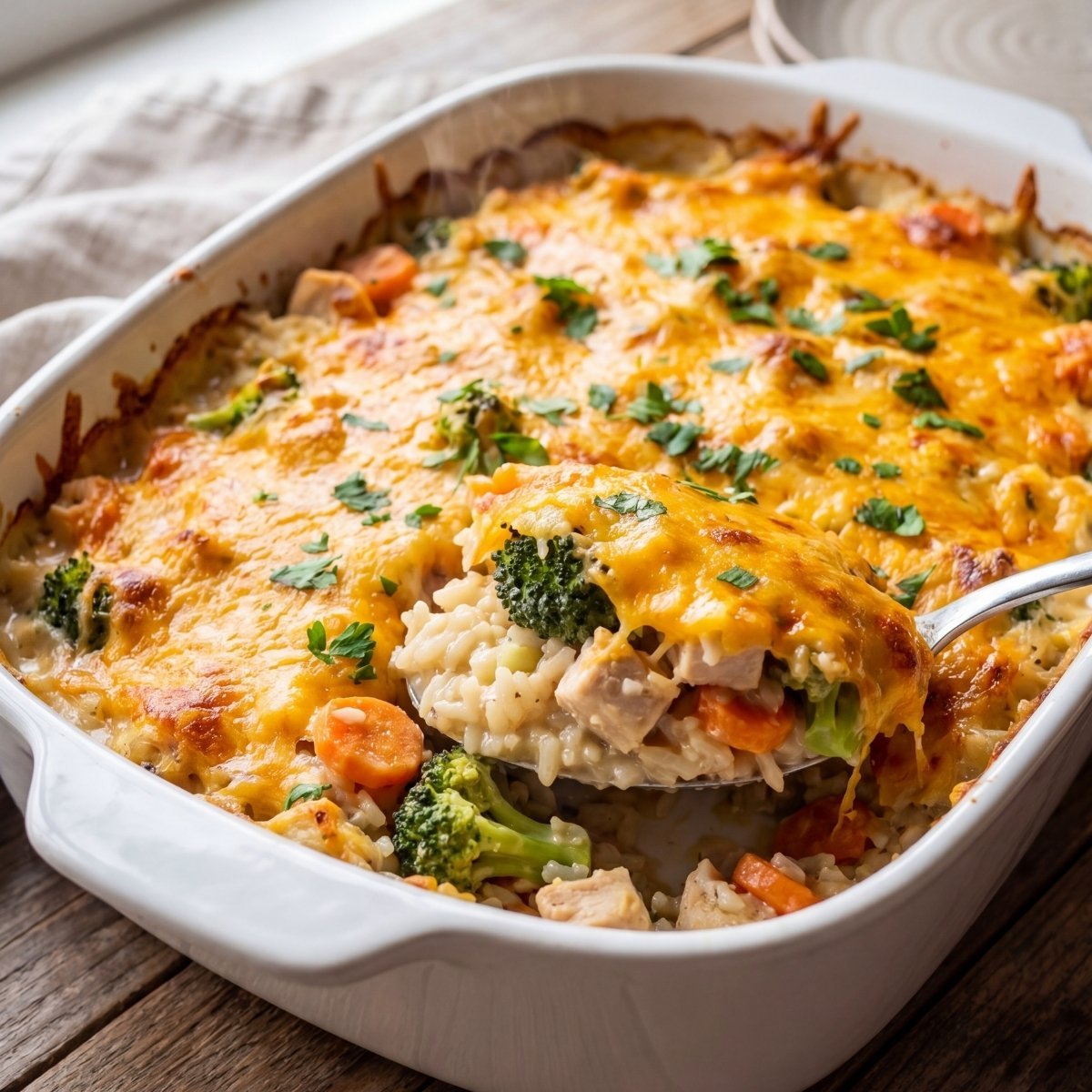 A white baking dish filled with a cheesy chicken and rice bake with vegetables, showing broccoli and carrots under a melted cheddar cheese crust.