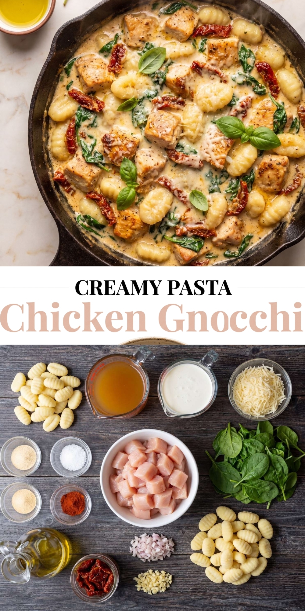 Recipe pin for creamy Tuscan chicken gnocchi featuring the final skillet dish and an organized ingredient flat lay.