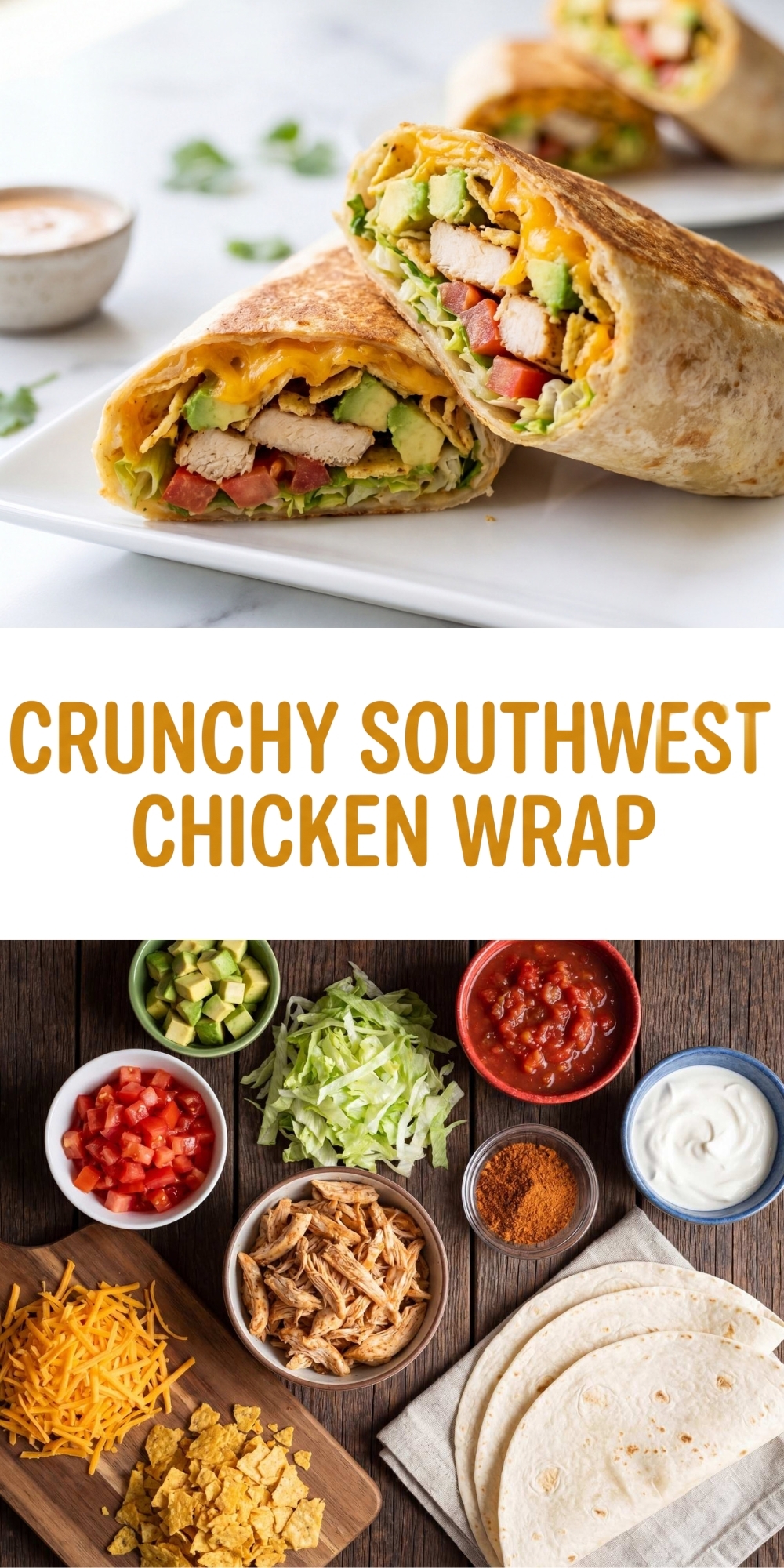 A Pinterest graphic showing a finished crunchy southwest chicken wrap at the top and raw ingredients at the bottom.