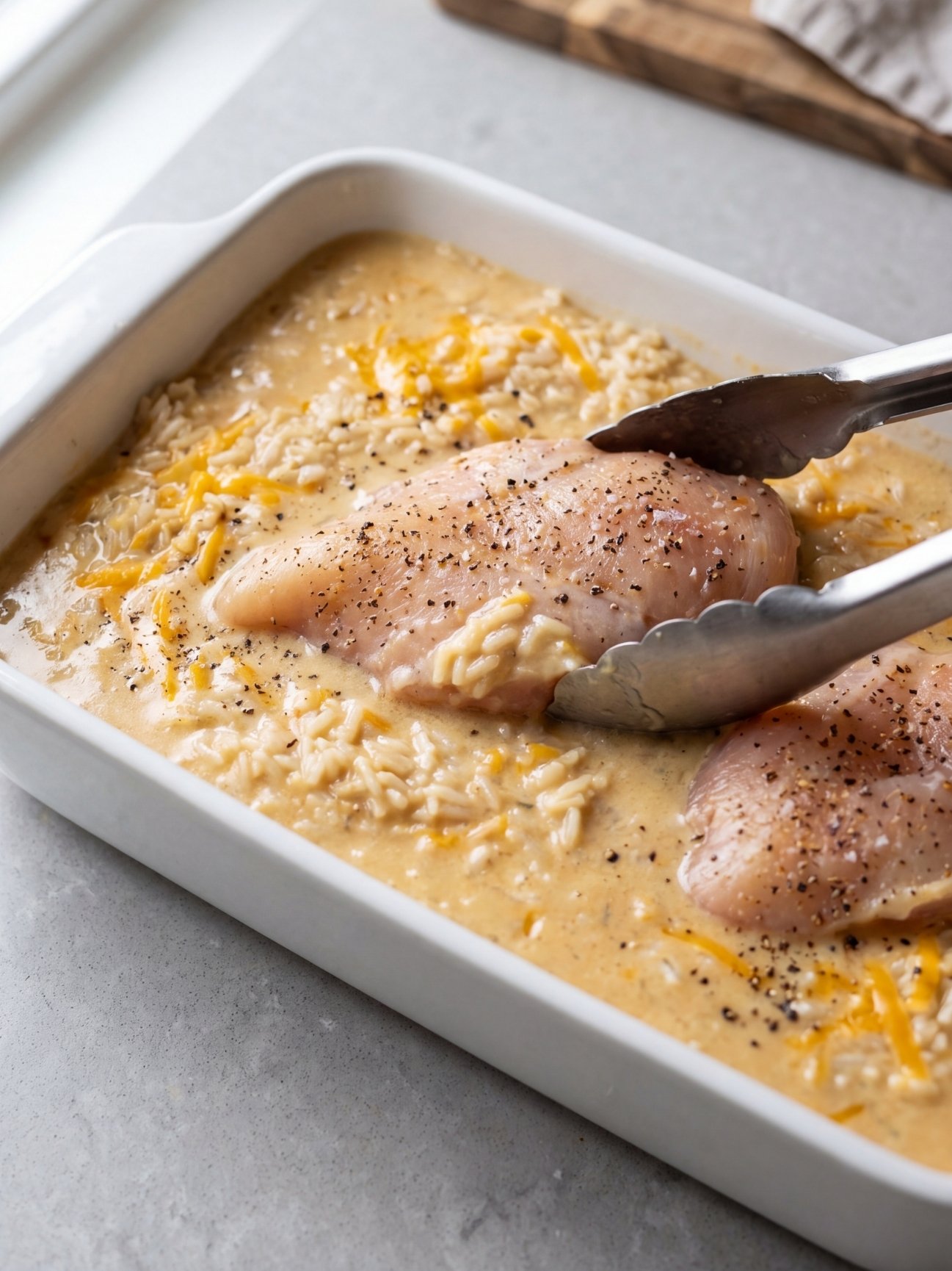 Metal tongs nestling raw seasoned chicken breasts into a creamy rice liquid mixture inside a rectangular white baking dish