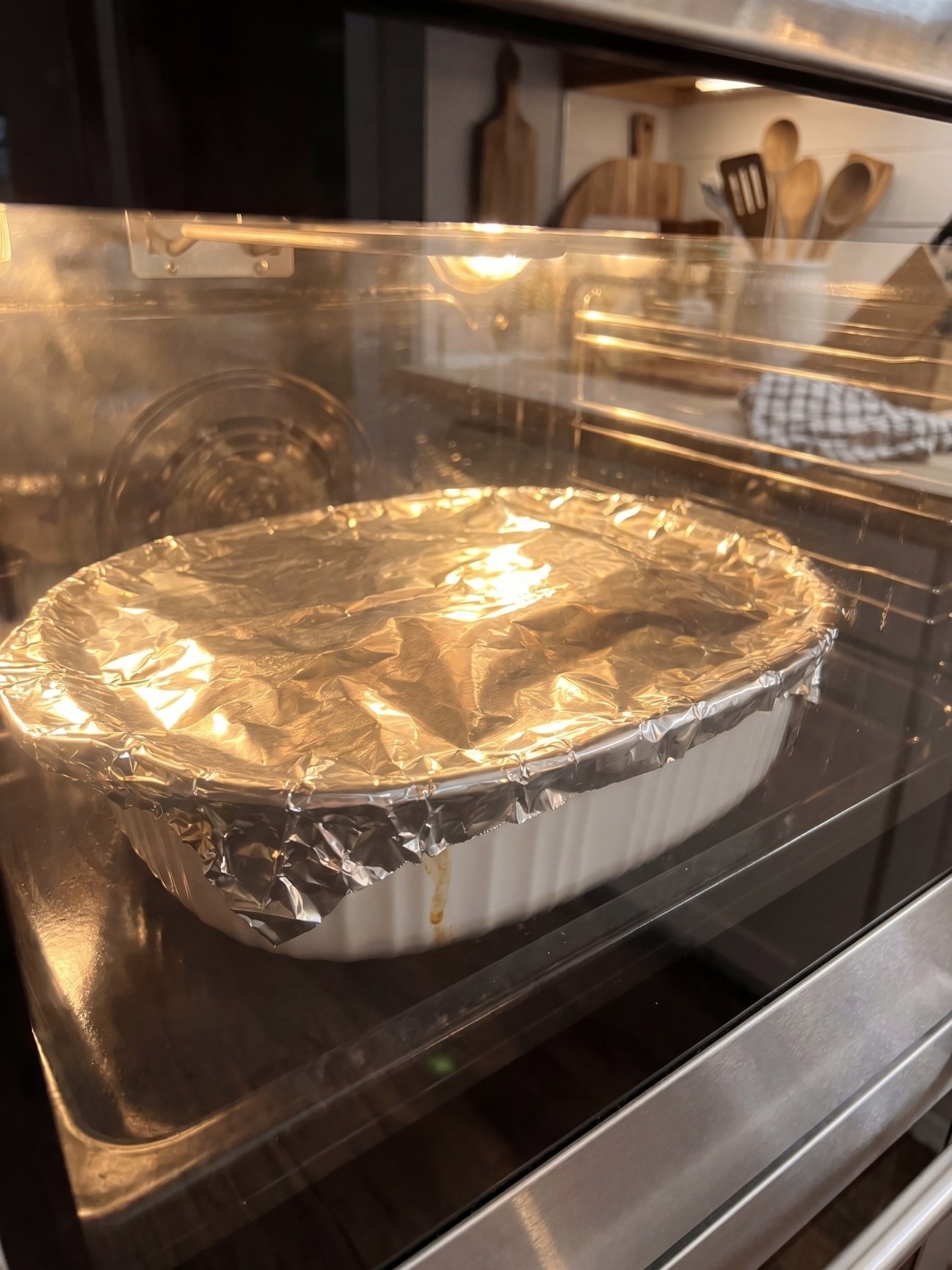 A rectangular white ceramic casserole dish covered tightly with shiny aluminum foil sitting inside a hot preheated home oven