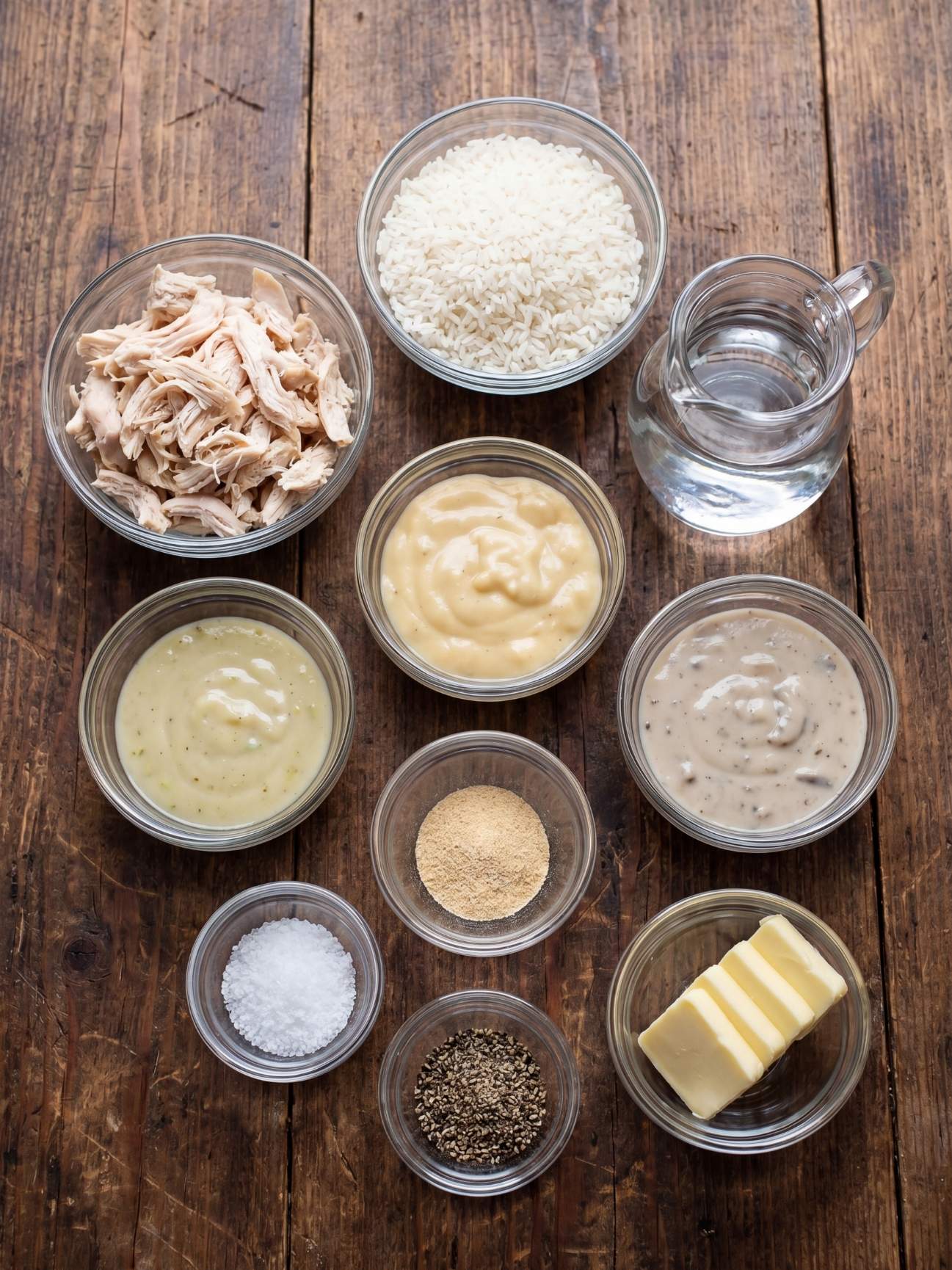 Overhead view of ingredients for Grandma's chicken and rice bake arranged in glass bowls on a wooden table, including shredded chicken, instant white rice, cream soups, water, butter, and seasonings.
