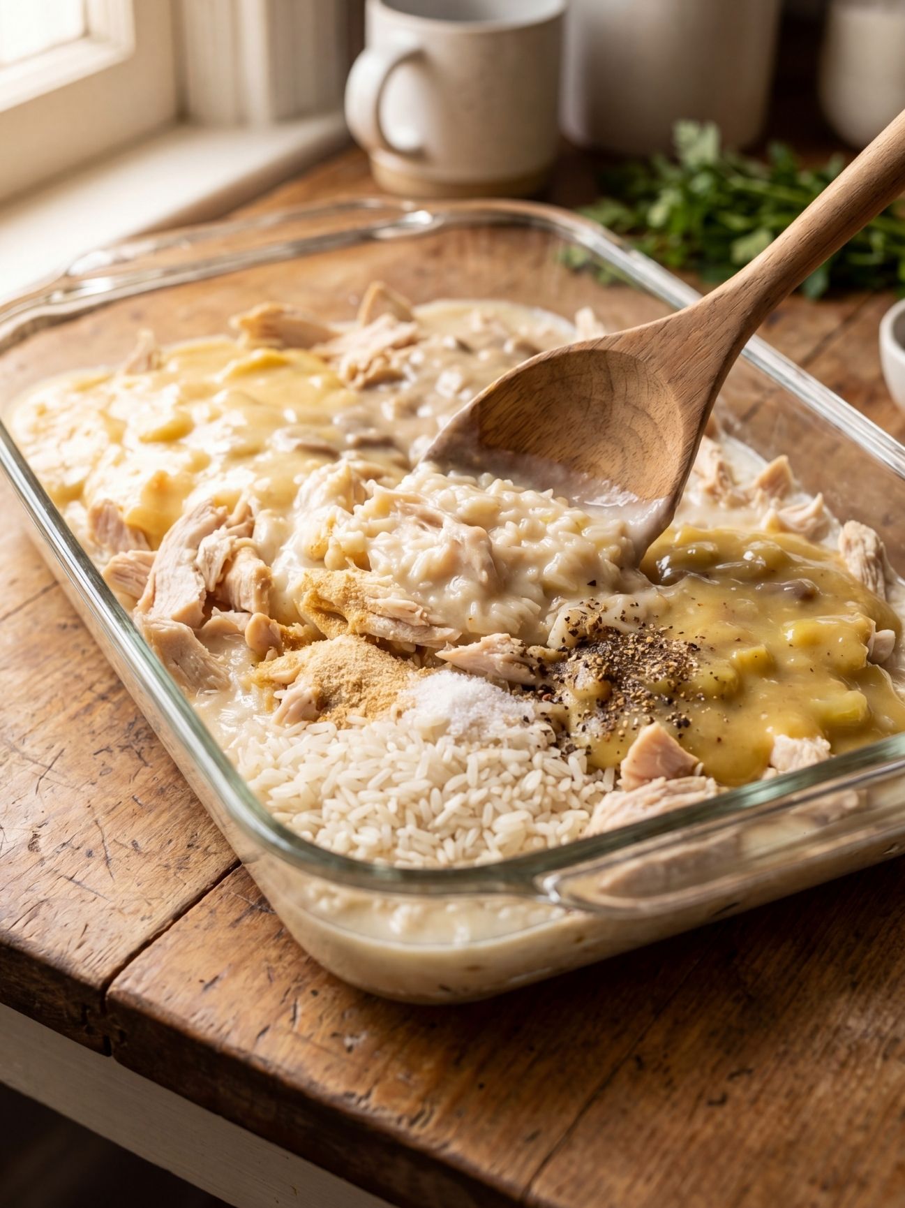 A wooden spoon stirring raw instant rice, shredded chicken, cream soups, and spices together inside a glass baking dish.