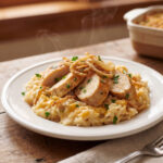 Sliced baked chicken breast served over a bed of creamy rice casserole topped with crispy fried onions and fresh parsley on a white plate