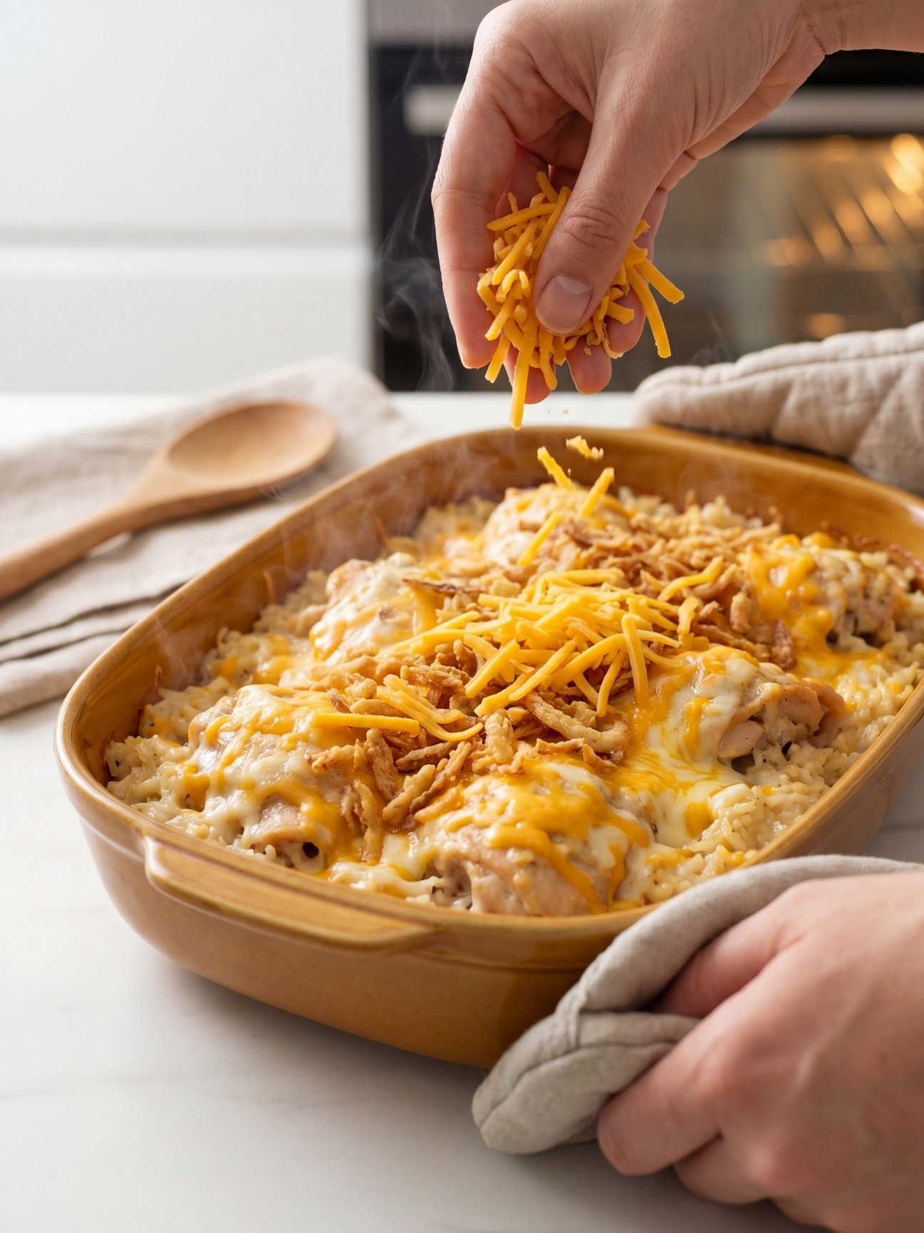 A Pinterest graphic pin featuring a plated chicken and rice bake on top, bold yellow recipe text in the middle, and organized ingredients at the bottom