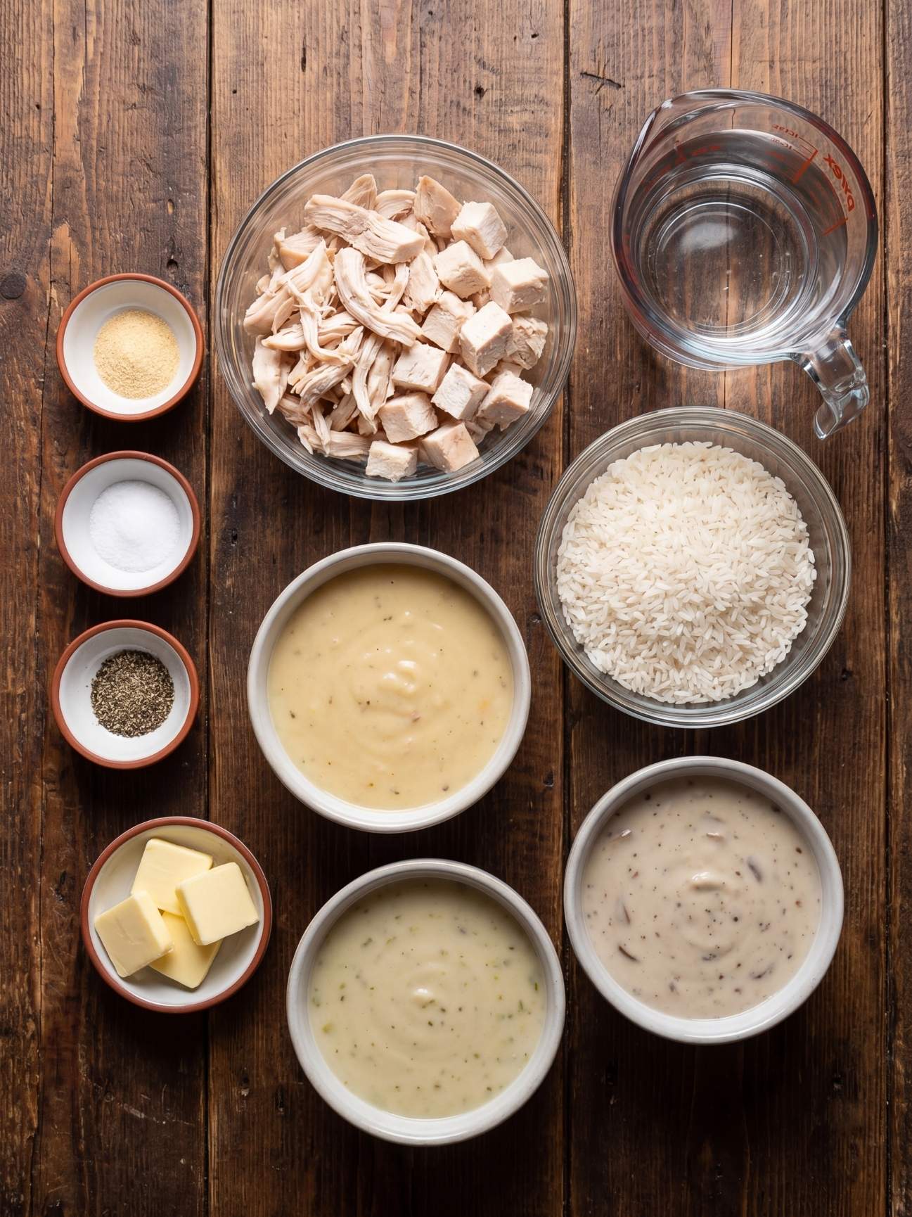 An overhead shot of ingredients for a chicken and rice casserole arranged on a rustic wooden table, featuring bowls of shredded chicken, white rice, cream soups, butter slices, and seasonings.