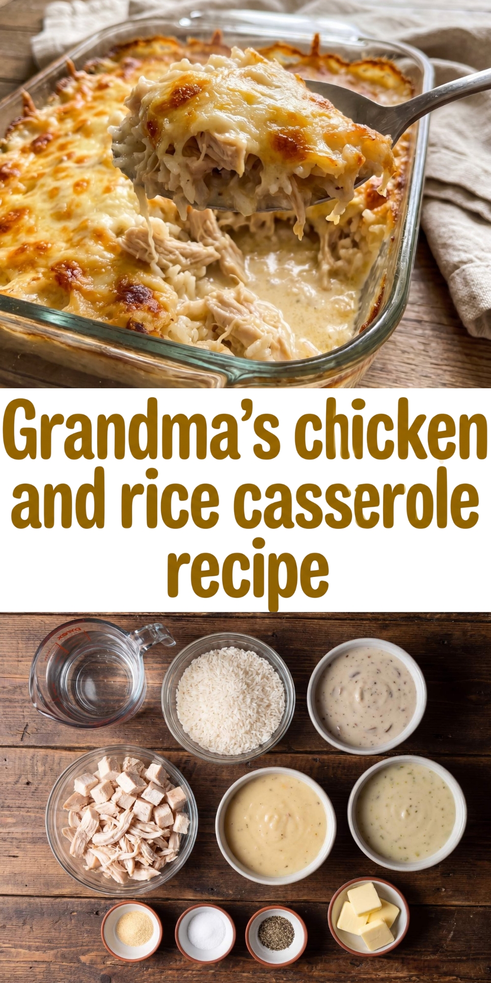 A Pinterest pin graphic featuring a creamy scoop of chicken and rice casserole on top, with the required pantry ingredients displayed in small bowls below.