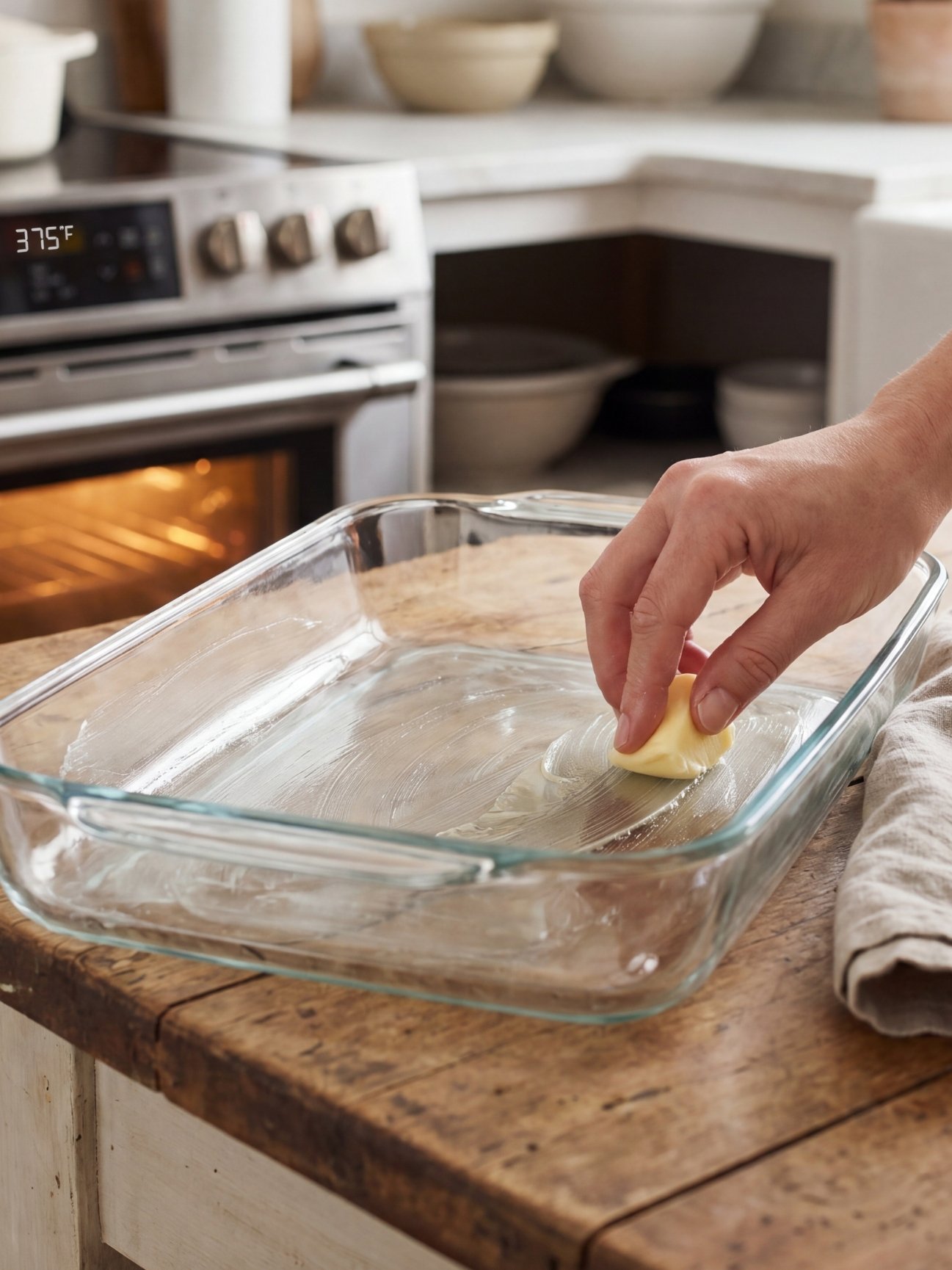 A person greasing a clear glass baking dish with a block of butter on a rustic wooden kitchen counter, with an oven preheating in the background.