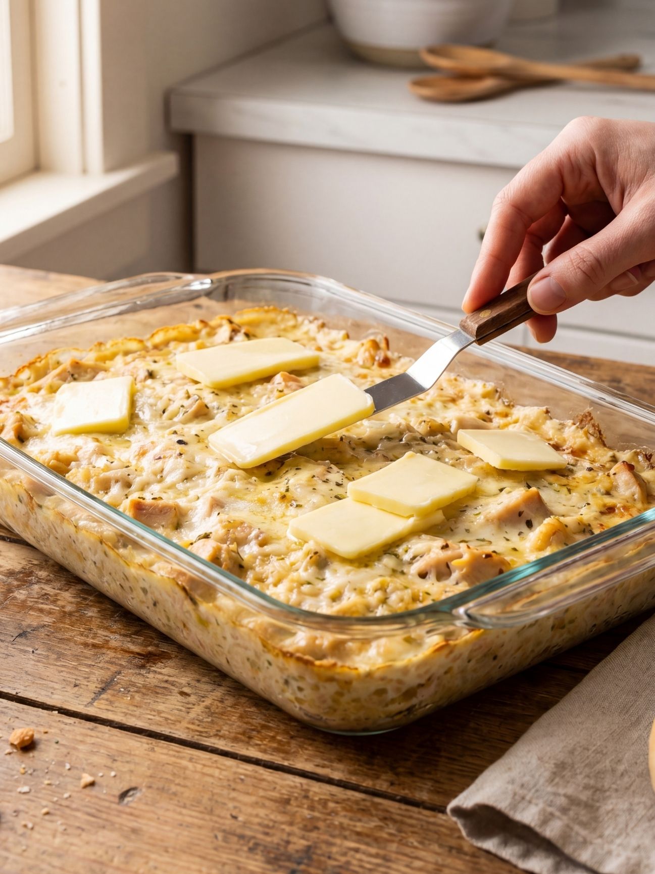 A hand using a small metal spatula to place thin slices of butter across the top of a chicken and rice casserole mixture.