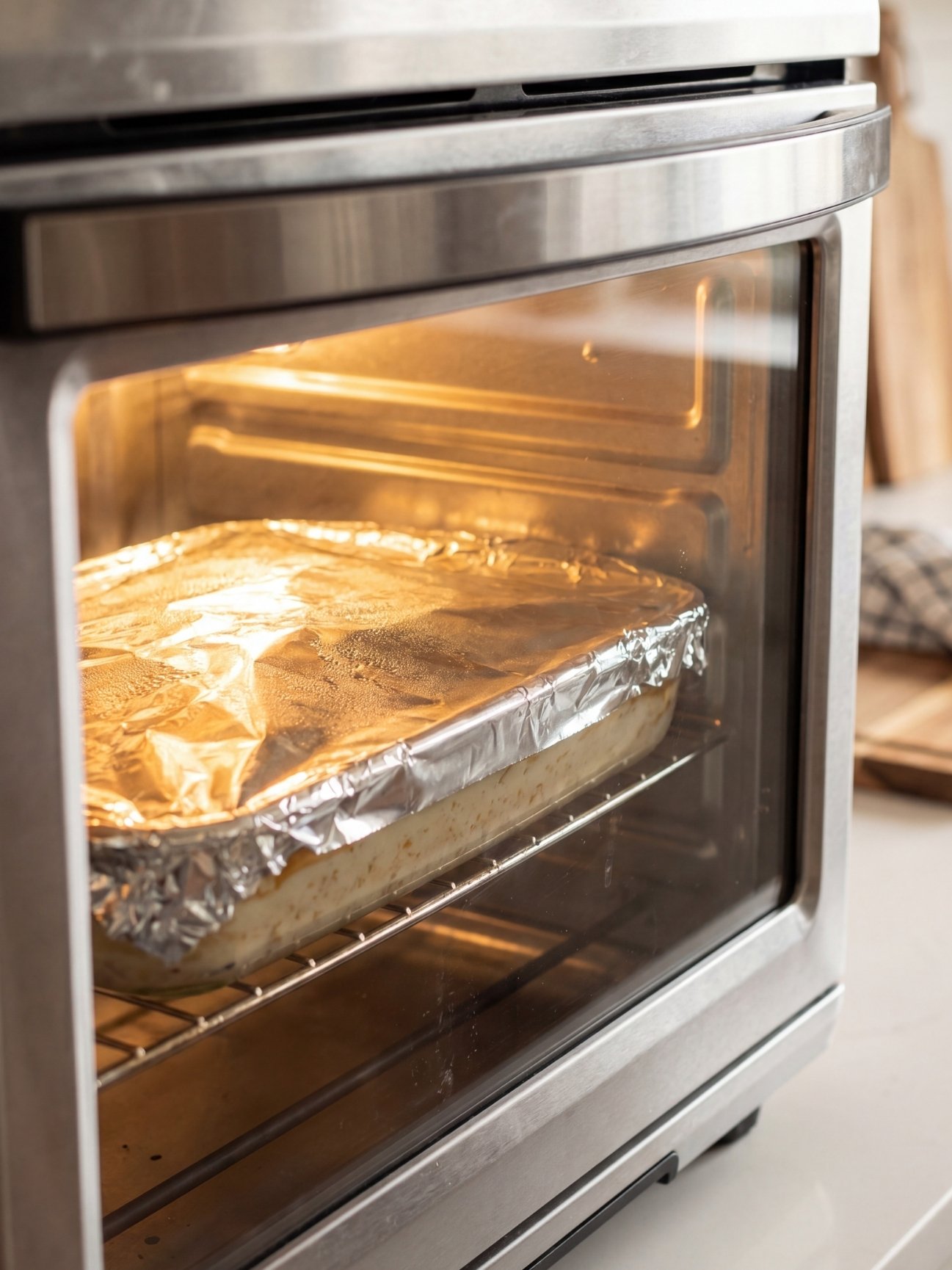 A glass casserole dish covered securely with aluminum foil sitting on a wire rack inside a hot kitchen oven.