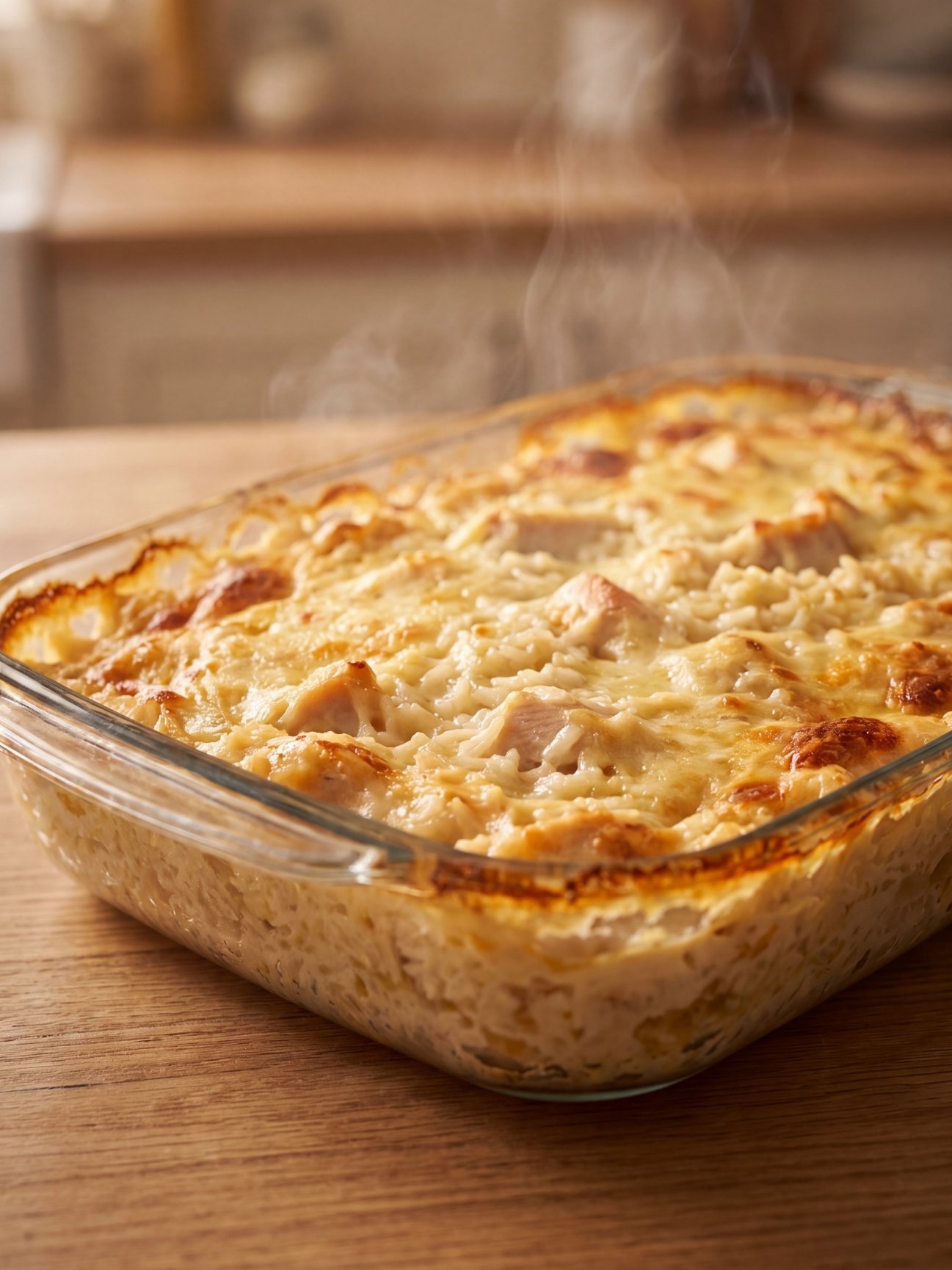 A freshly baked, steaming chicken and rice casserole with a golden brown crust cooling on a wooden table.