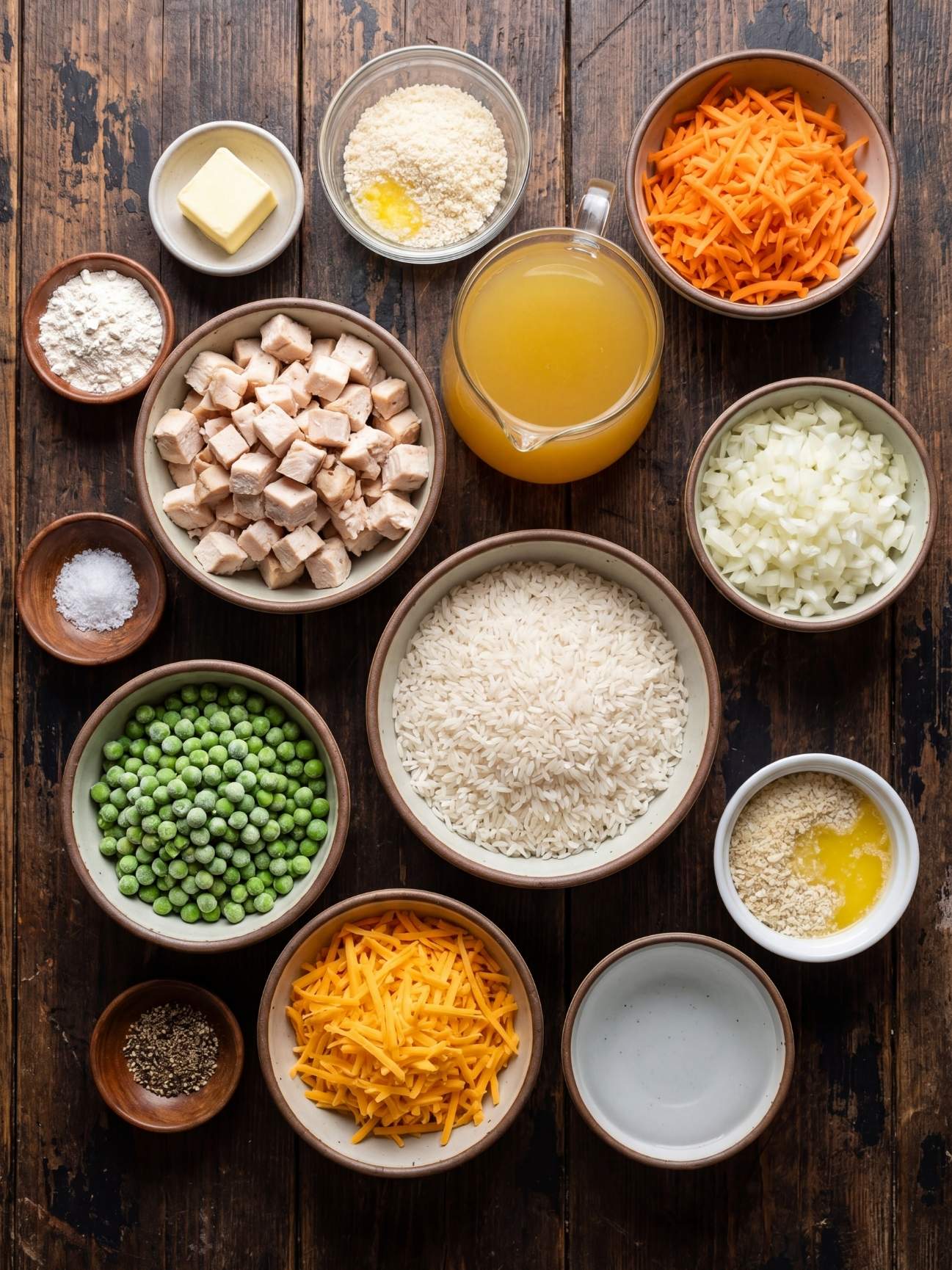 Overhead view of bowls containing ingredients for Grandma's chicken and vegetable rice bake recipe including cubed chicken, uncooked rice, green peas, shredded carrots, and cheddar cheese.