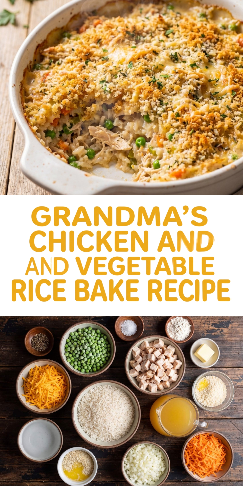 Pinterest graphic showing Grandma's chicken and vegetable rice bake recipe in a baking dish at the top, a gold text overlay in the center, and ingredients arranged below.