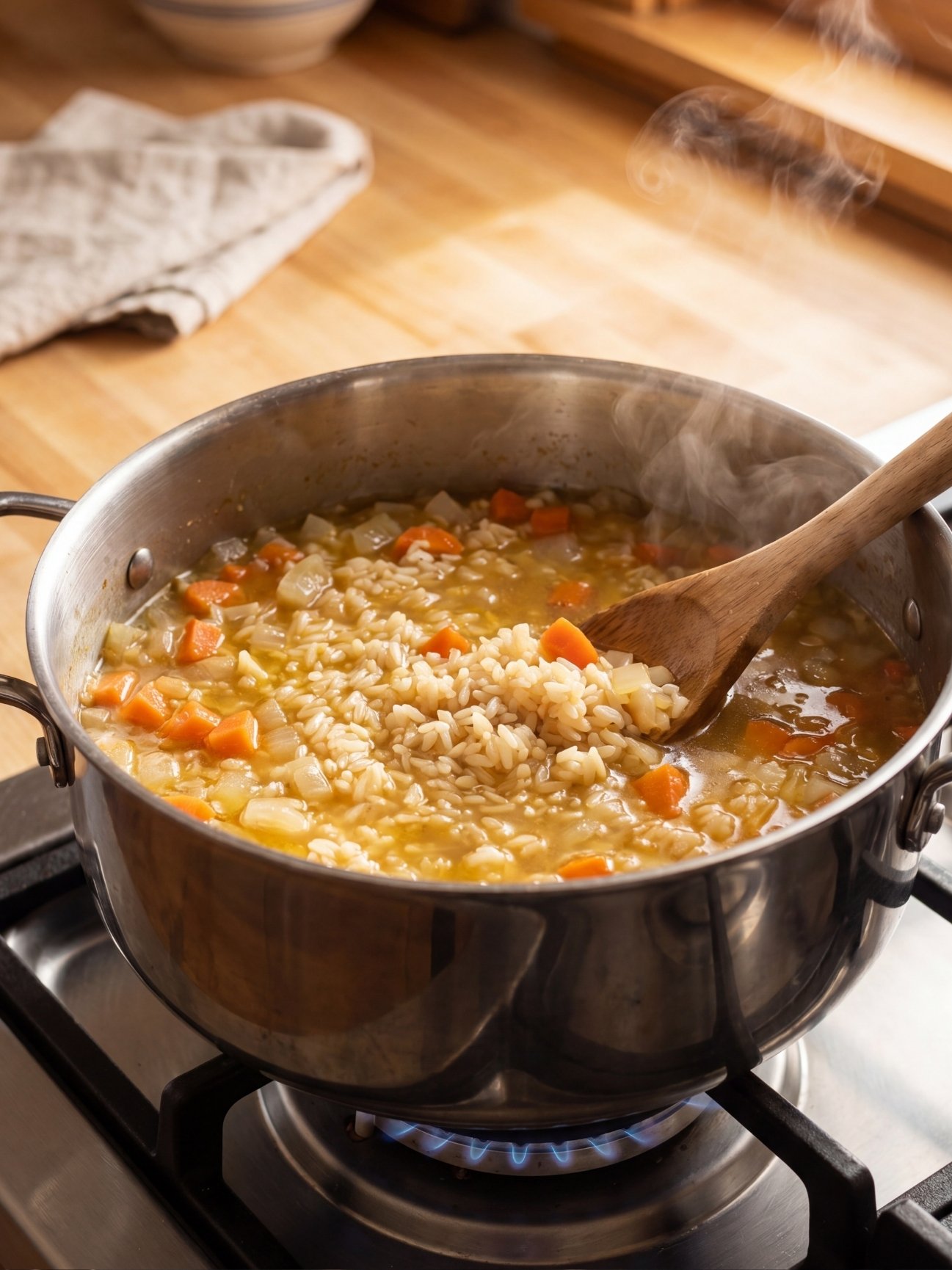 White rice, diced carrots, and onions simmering in chicken broth inside a stainless steel pot on a gas stove.