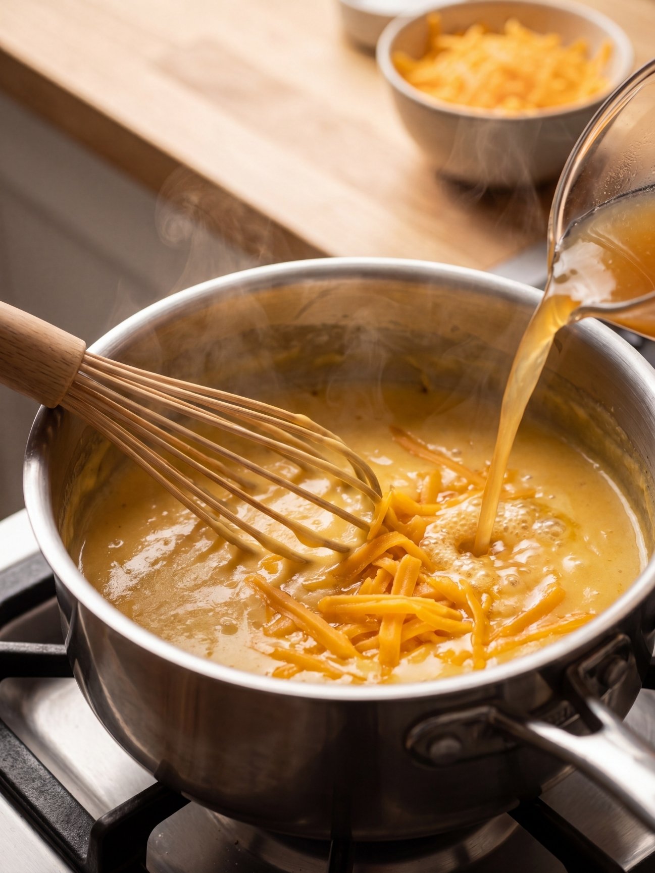Whisking shredded cheddar cheese and chicken broth into a saucepan on the stove to make a creamy sauce.