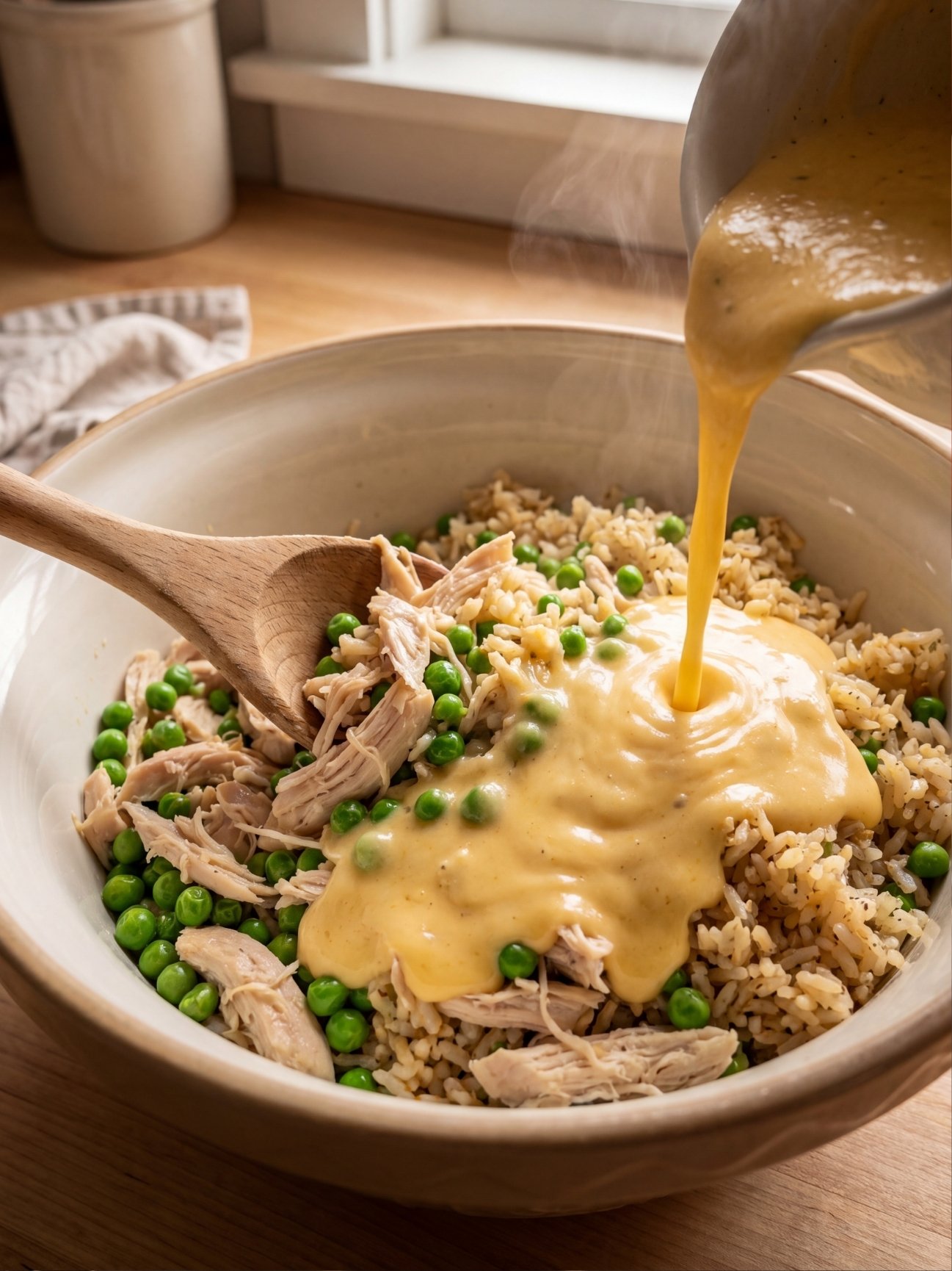 Pouring a smooth yellow cheese sauce from a pitcher over cooked white rice, green peas, and shredded chicken in a ceramic mixing bowl.