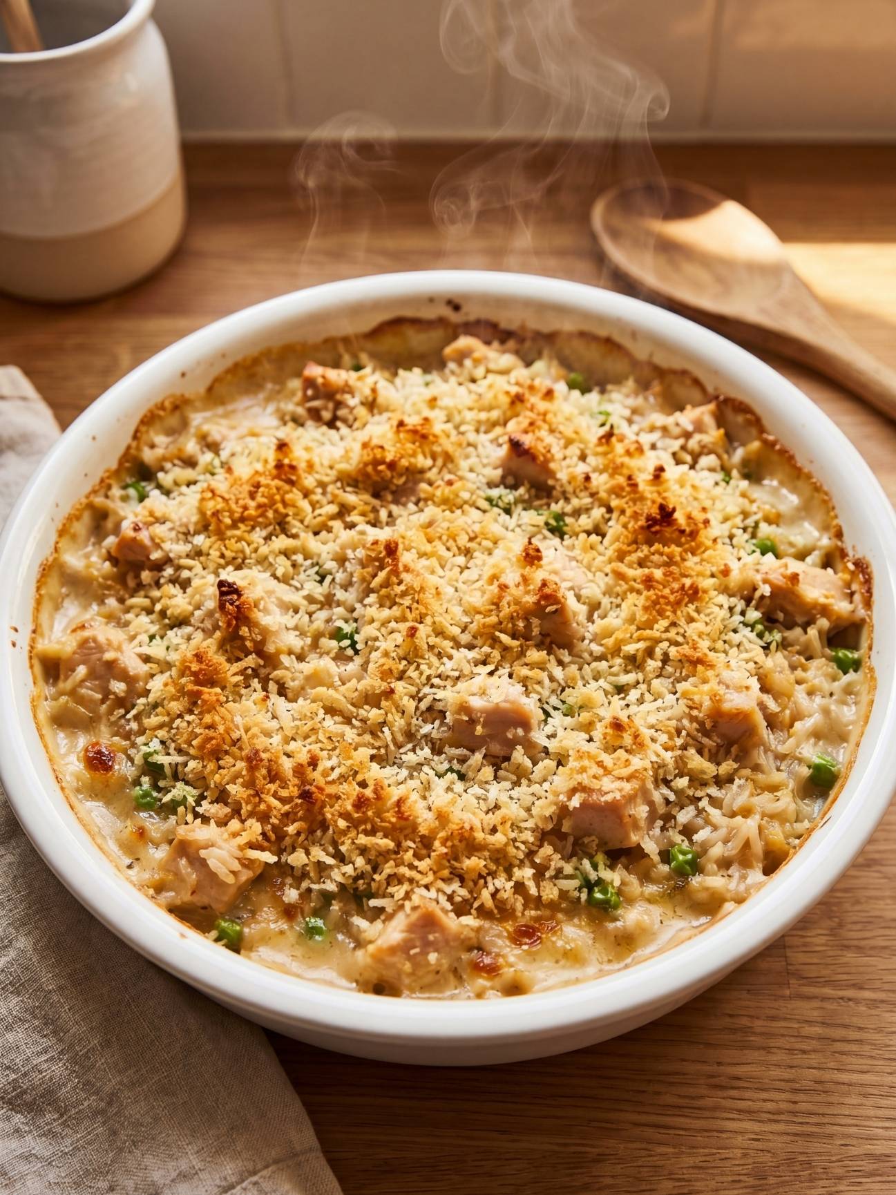 A freshly baked chicken and vegetable rice casserole in a round white baking dish with a golden brown panko crumb crust.
