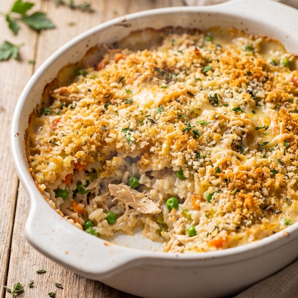 A creamy Grandma's chicken and vegetable rice bake recipe casserole with a serving scooped out showing shredded chicken and green peas under a golden brown crumb topping.