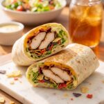 Two halves of a grilled southwest chicken wrap stacked on a marble cutting board showing chicken, lettuce, melted cheese, and tortilla chips inside