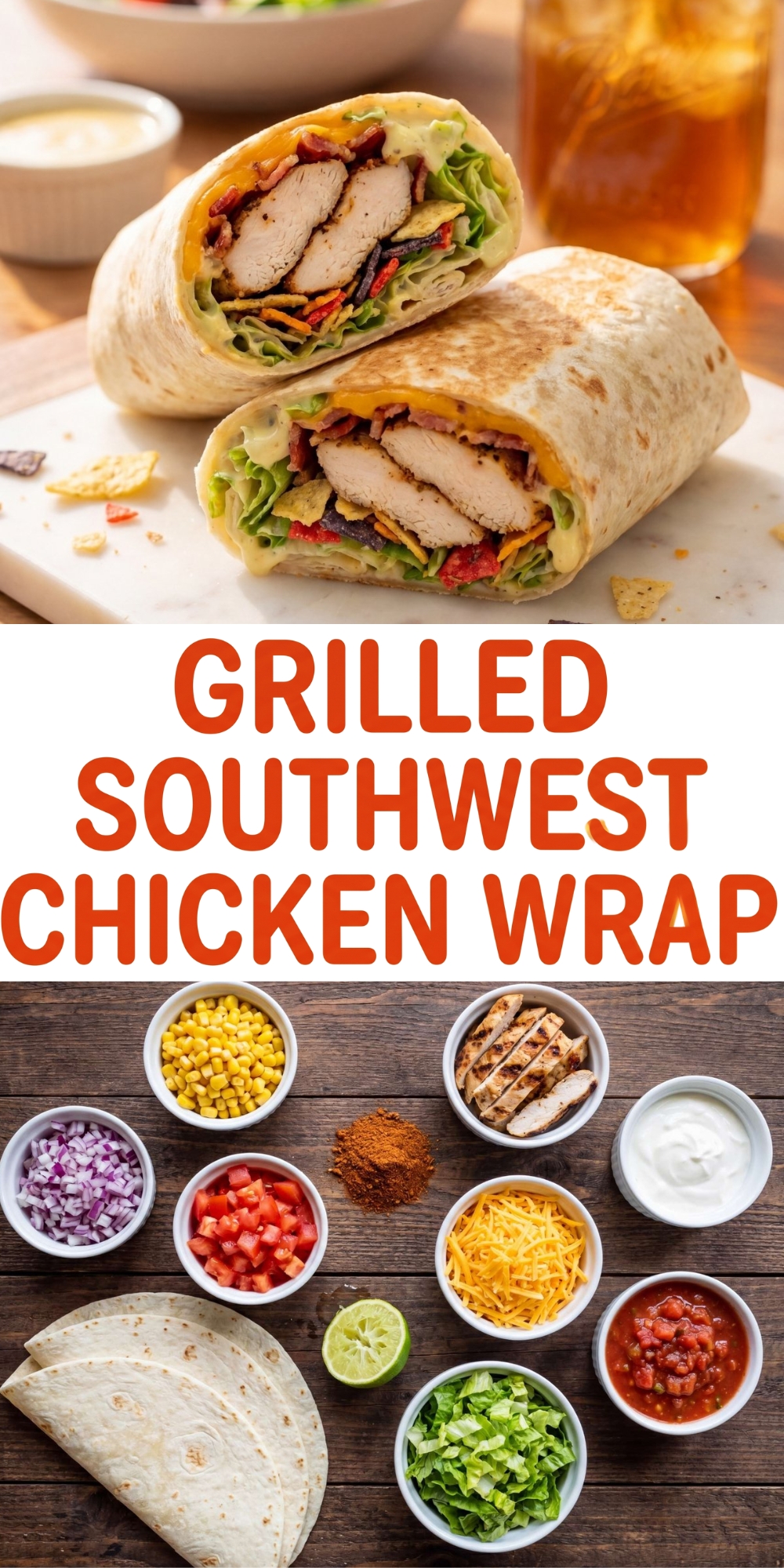 A Pinterest graphic pin featuring a stacked grilled southwest chicken wrap on top, bold orange text in the center, and organized bowls of fresh ingredients at the bottom