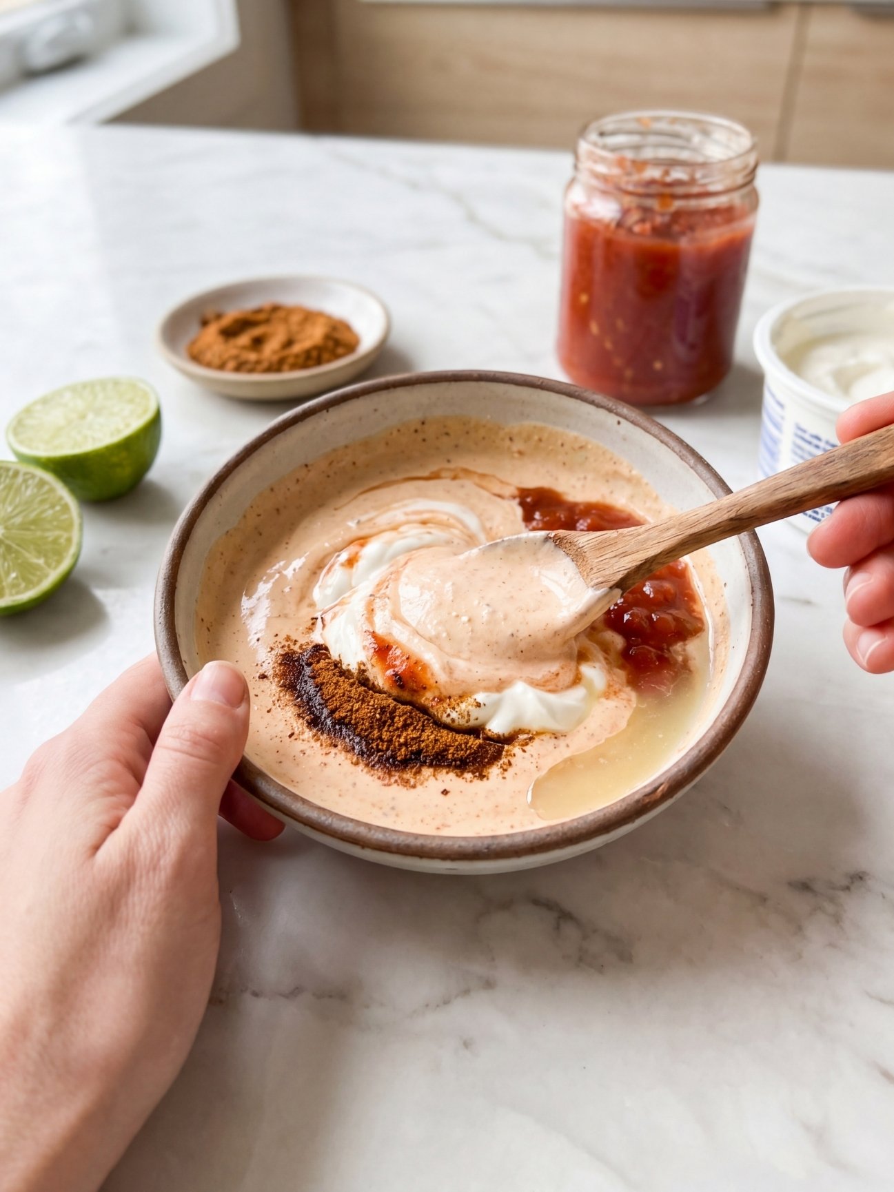 A person mixing sour cream, salsa, lime juice, and taco seasoning together in a small ceramic bowl with a wooden spoon on a white marble countertop