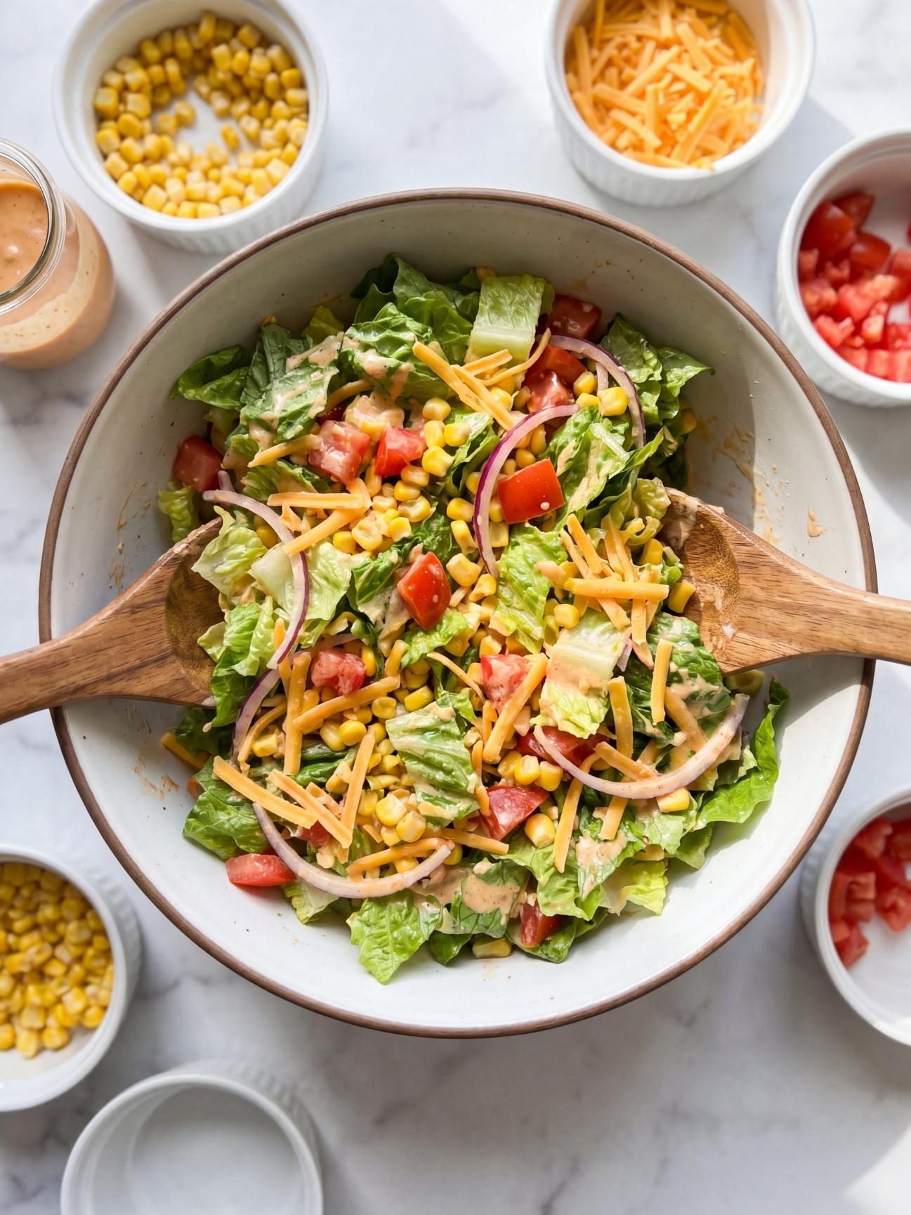 A large white bowl filled with chopped romaine lettuce, corn, diced tomatoes, sliced red onions, and shredded cheddar cheese being tossed together with wooden salad servers
