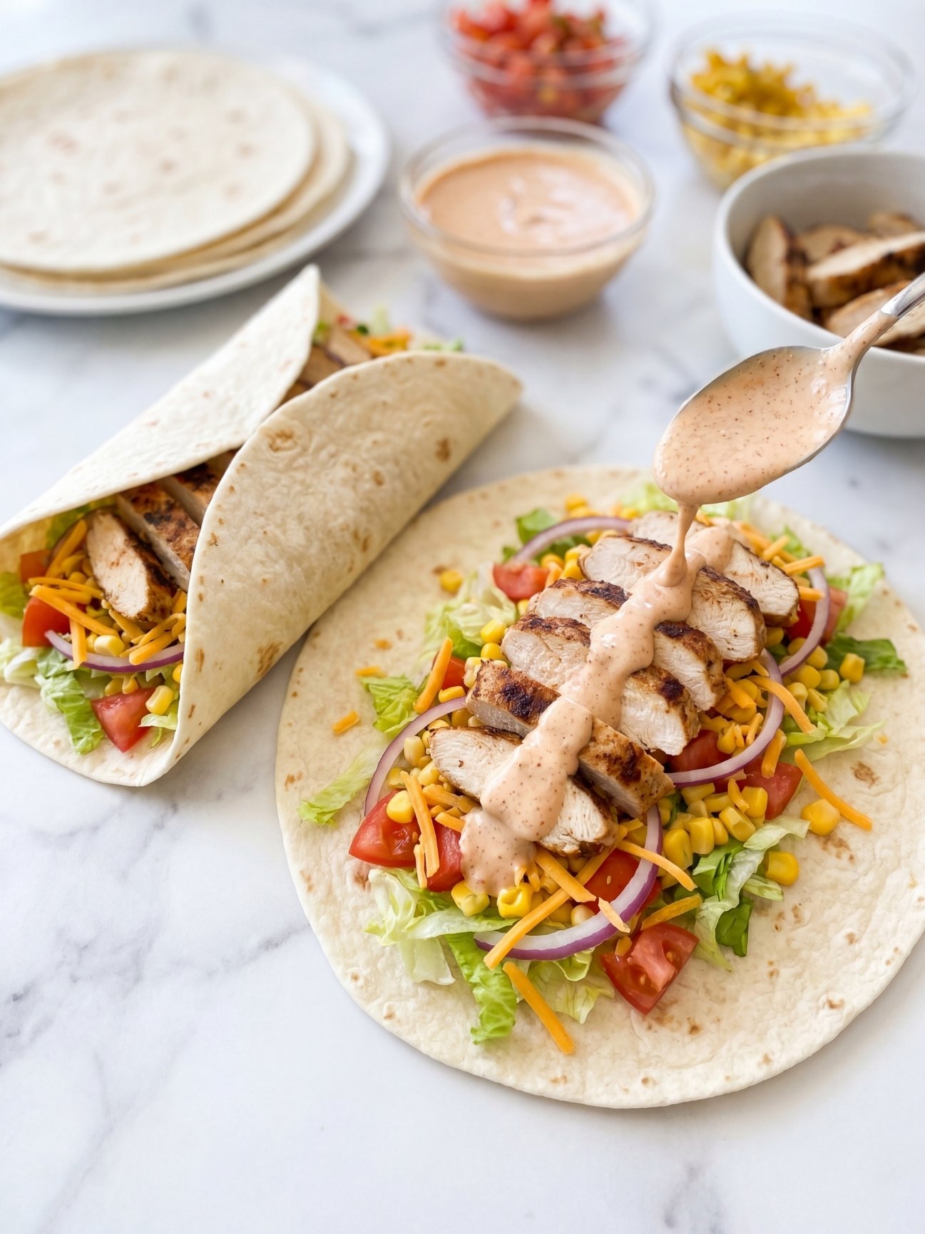 Sliced grilled chicken breast being laid across a flour tortilla filled with lettuce, corn, tomatoes, and cheese while creamy southwest sauce is drizzled from a spoon