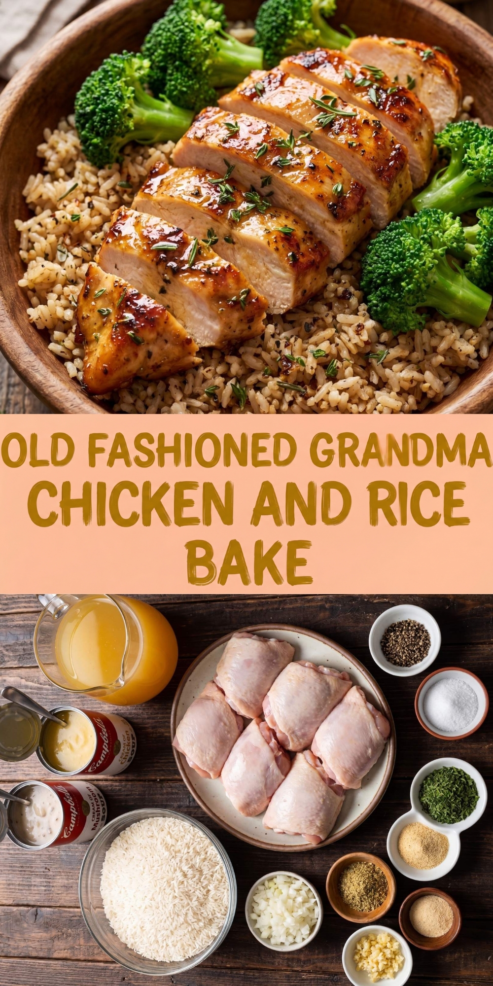 Pinterest pin graphic showing a bowl of sliced chicken, rice, and broccoli at the top, organized raw ingredients at the bottom, and text reading old fashioned grandma chicken and rice bake in the center
